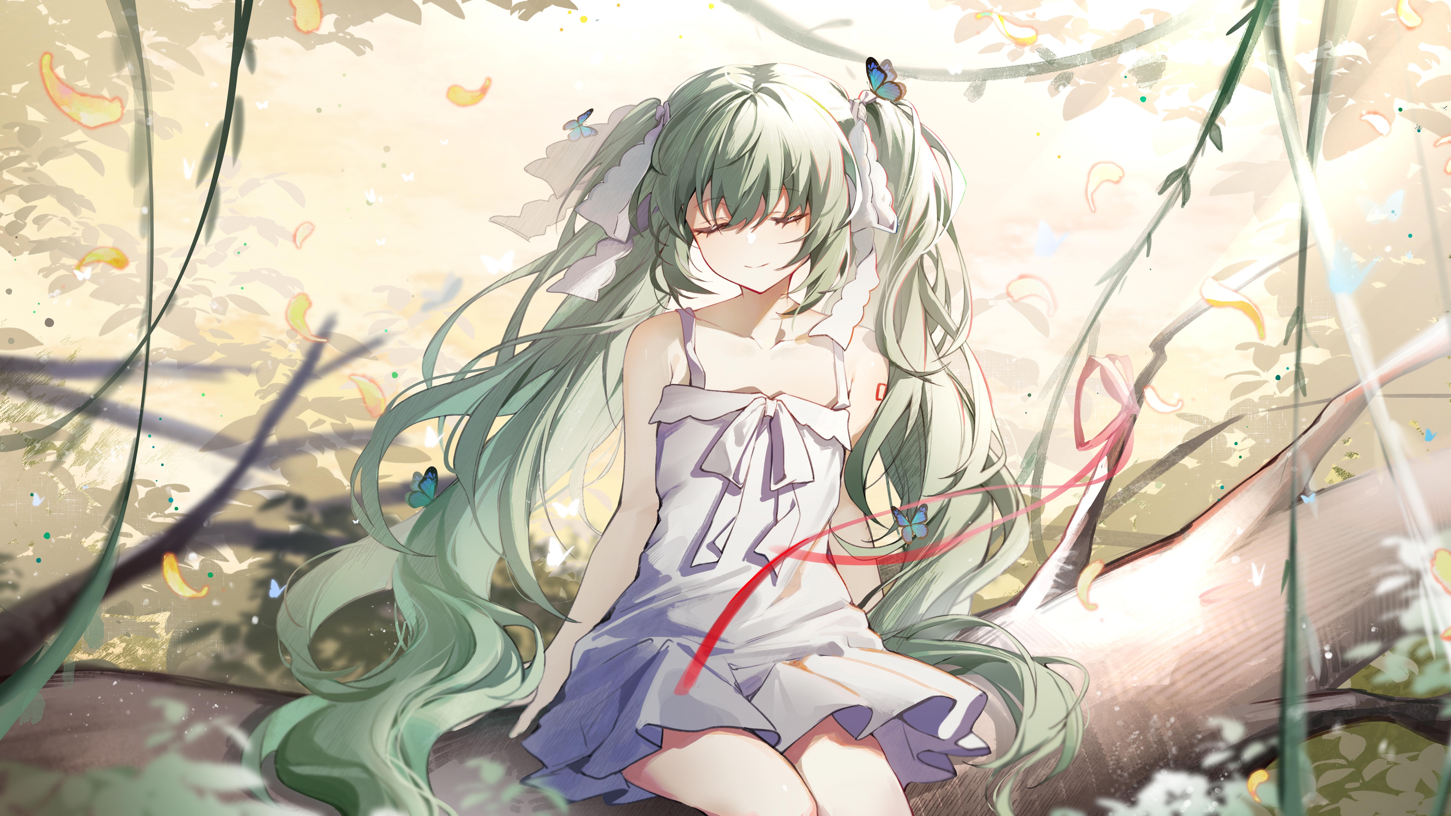Hatsune Miku in a white dress with butterflies HD Wallpaper