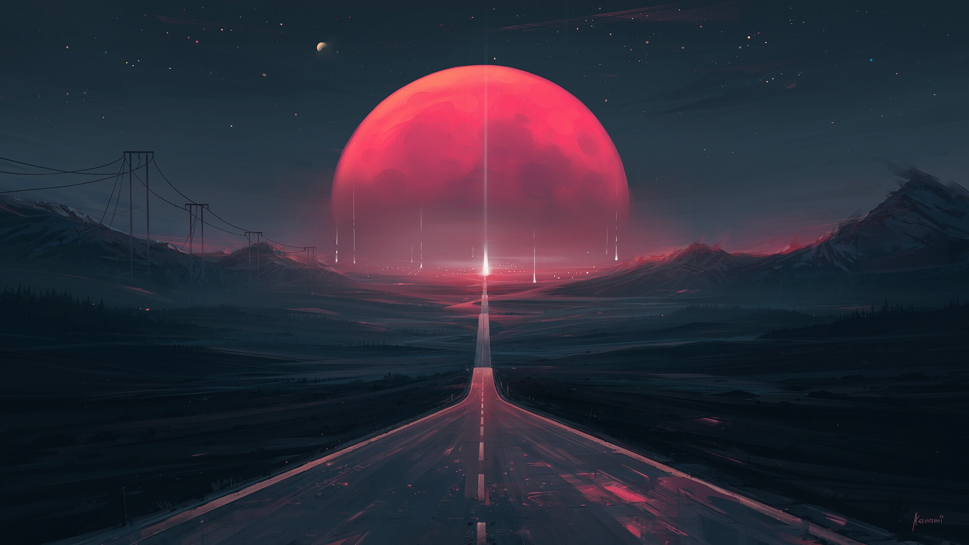 A long road leading to a giant red moon HD Wallpaper