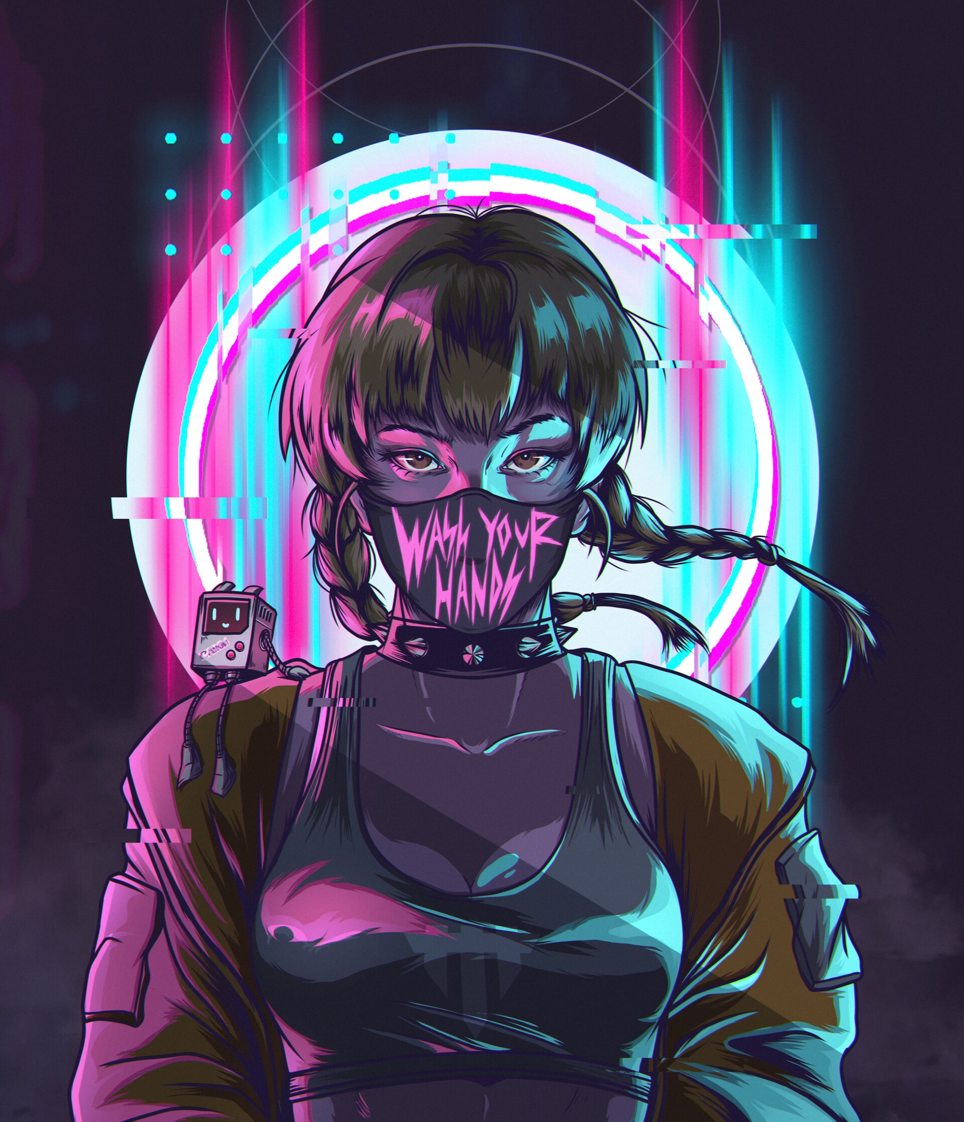 Cyberpunk girl with mask and robot companion HD Phone Wallpaper