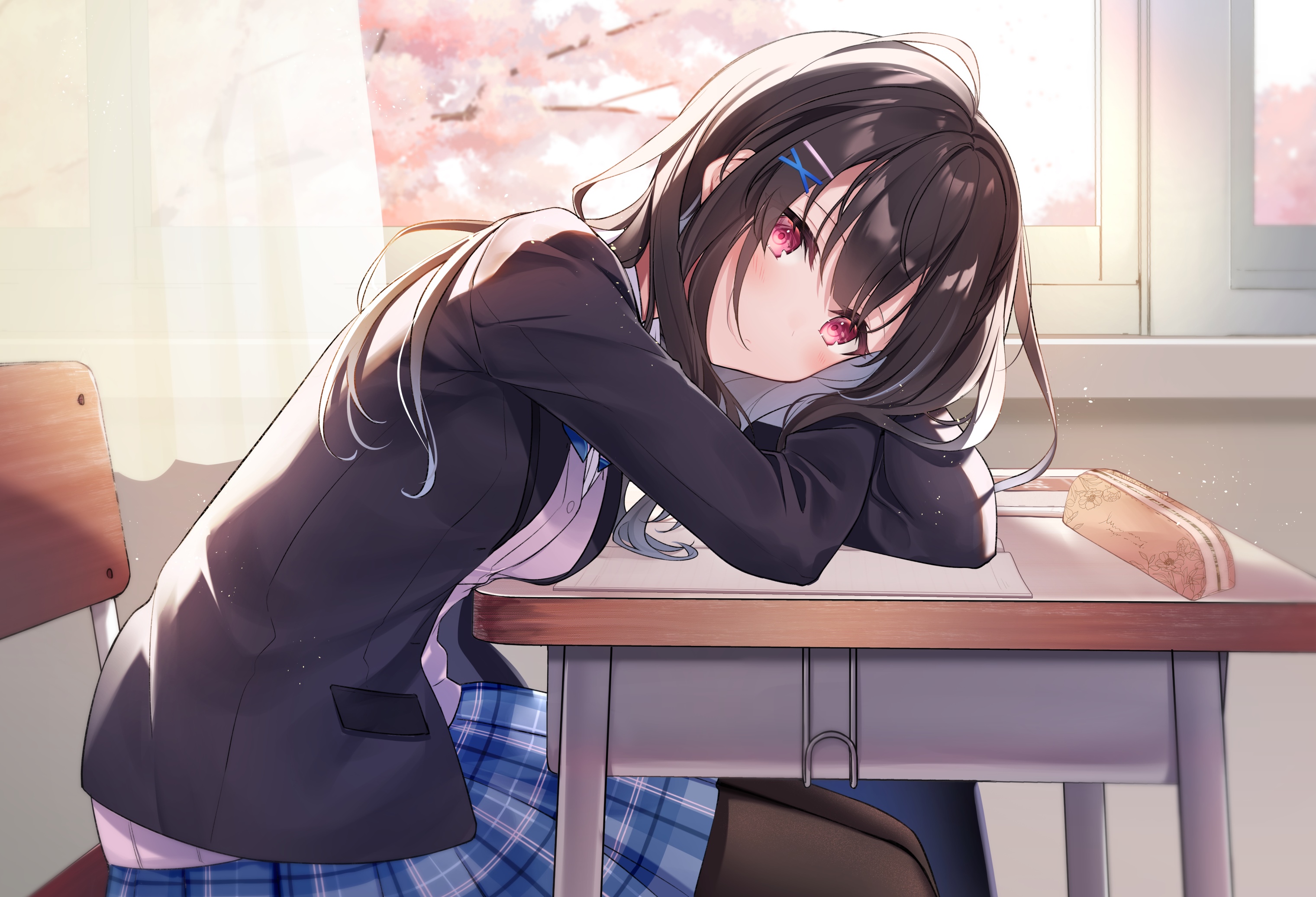 Kisaragi Yuri in a classroom with cherry blossoms HD Wallpaper