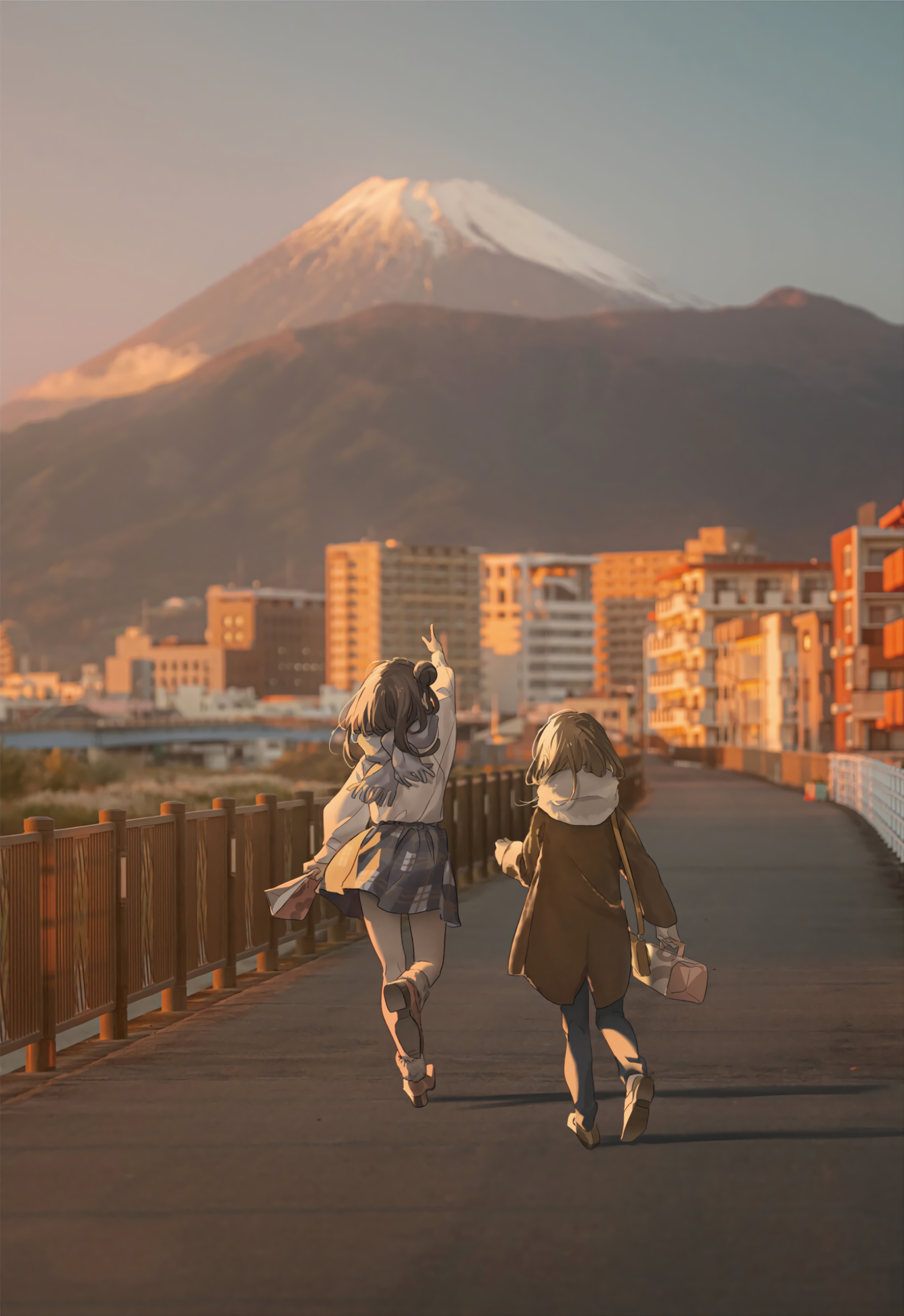 Anime Girls Running Towards Mount Fuji HD Phone Wallpaper