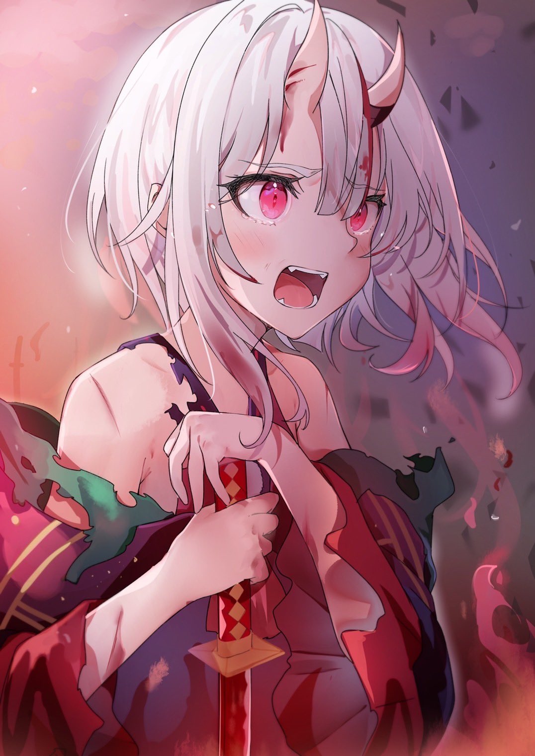 Nakiri Ayame with horns and red eyes holding a sword HD Phone Wallpaper
