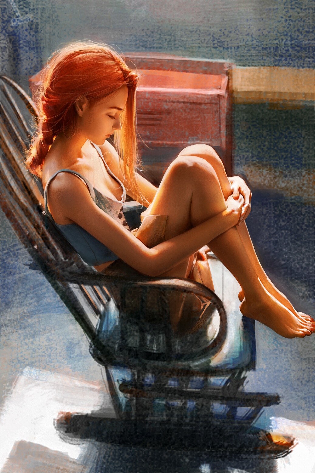 Woman with red hair sitting in a chair HD Phone Wallpaper
