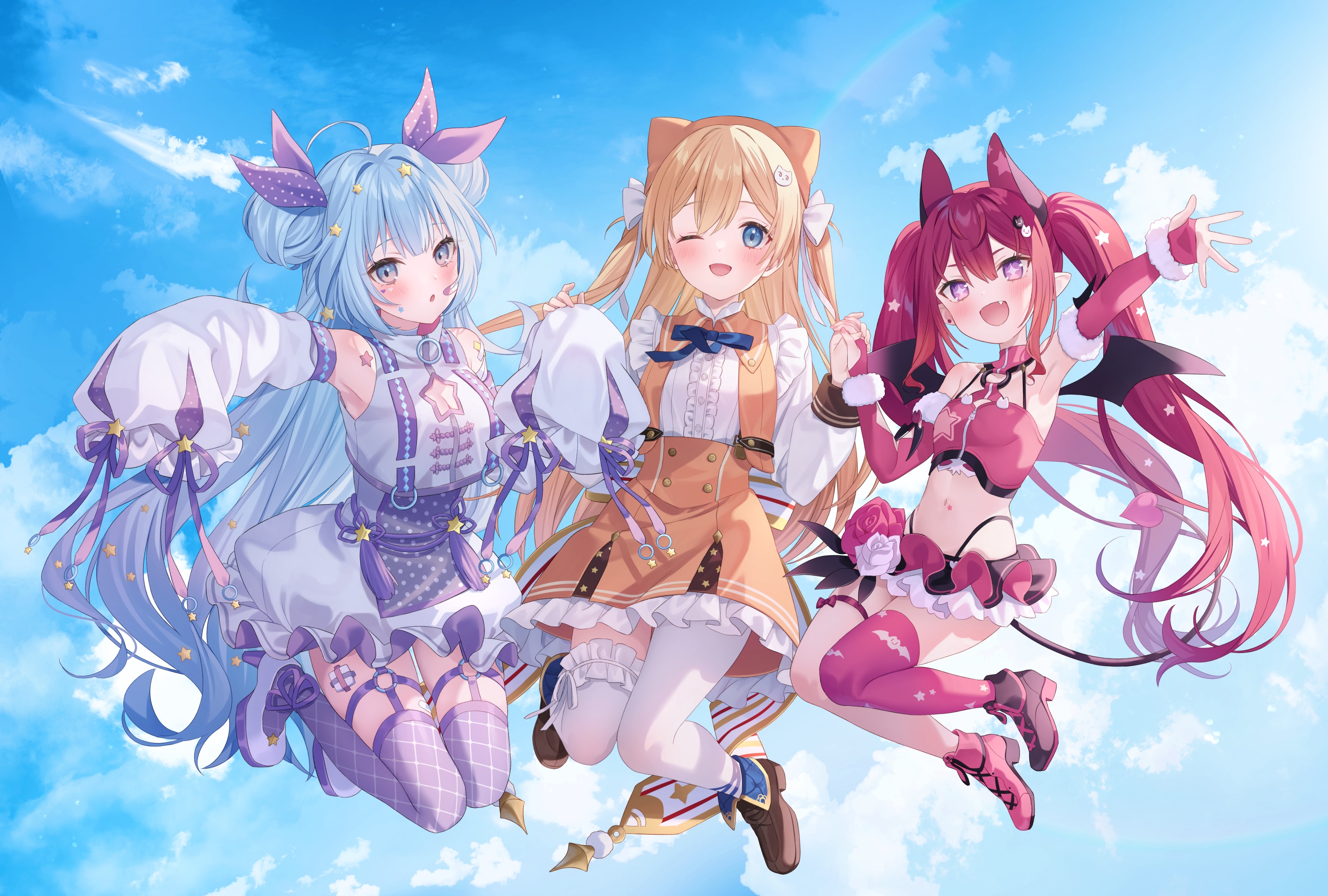 Three anime girls with blue, blonde, and pink hair in the sky HD Wallpaper