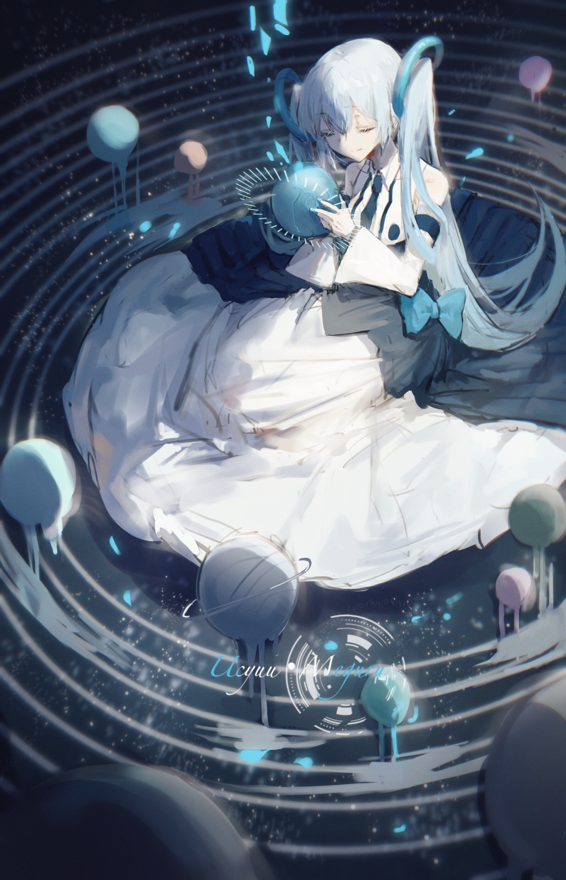 Hatsune Miku in a cosmic setting with planets HD Phone Wallpaper