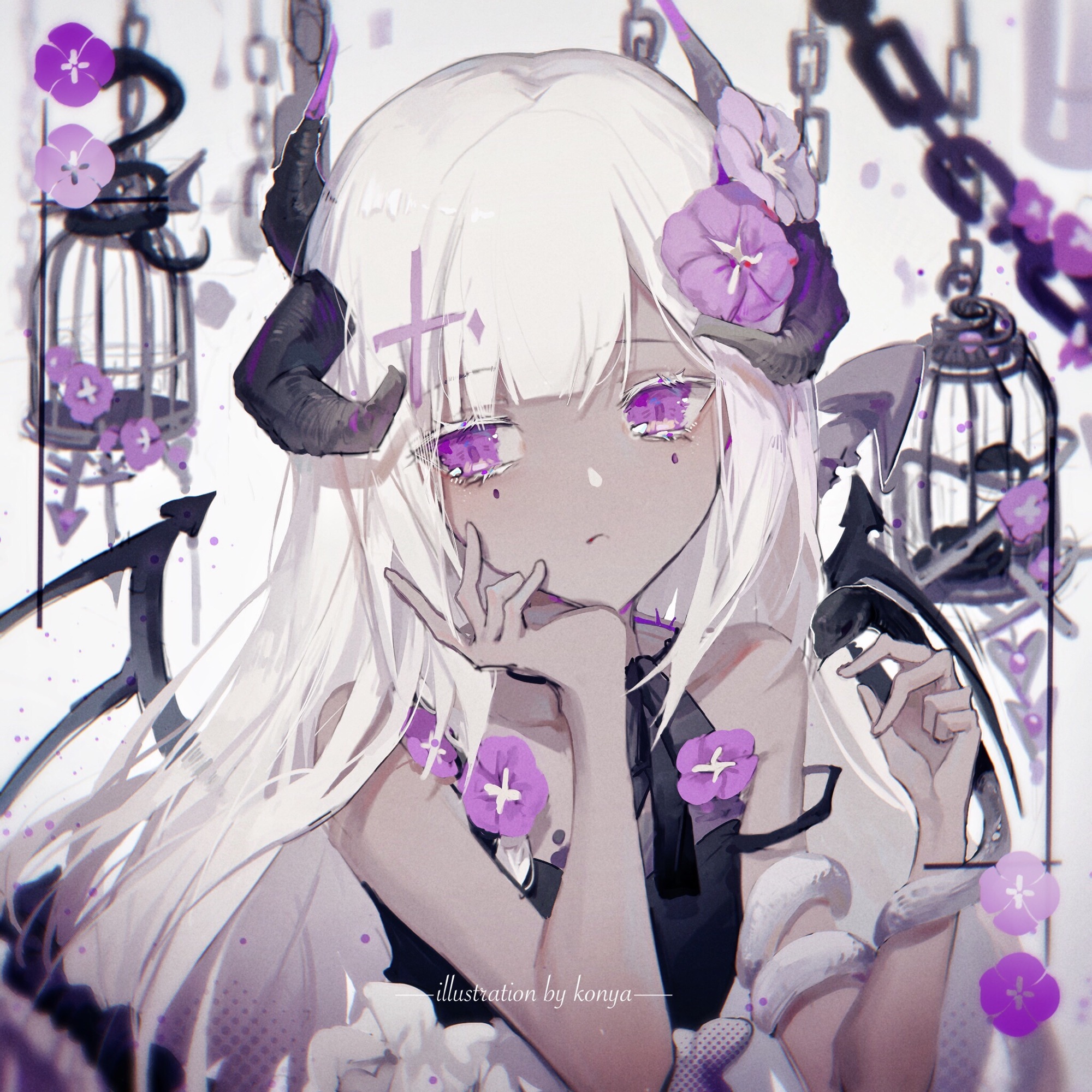 Illustration by KonYa: Girl with purple eyes and horns HD Wallpaper