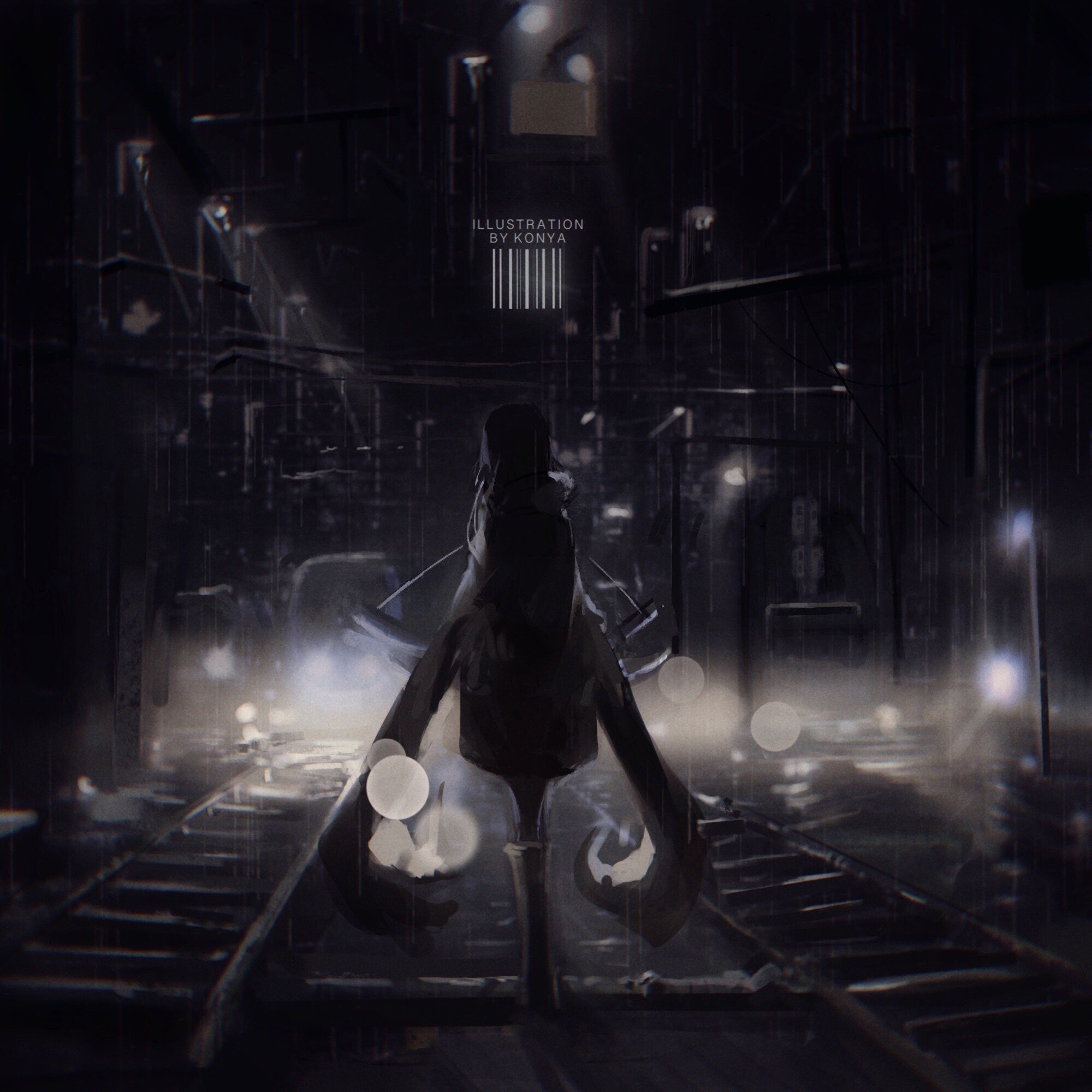 Illustration by KonYa: Anime girl on train tracks in rain HD Wallpaper