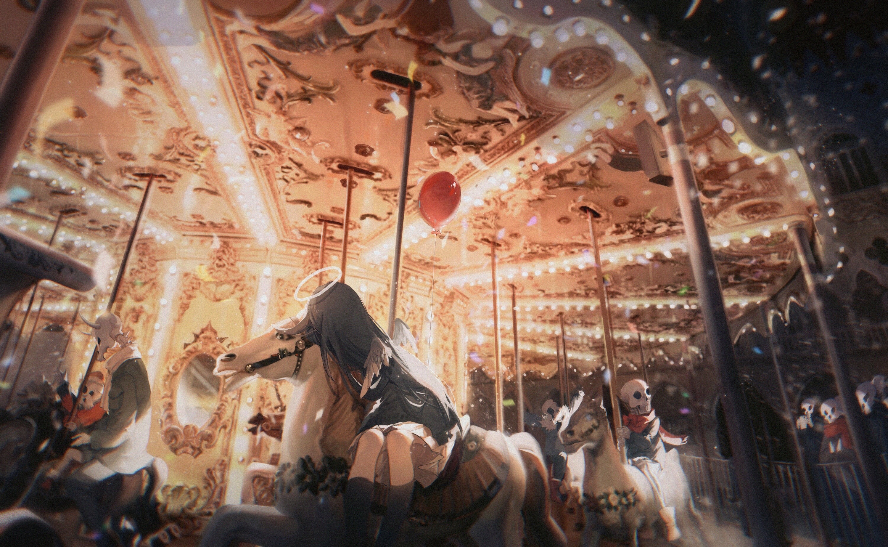Anime girl with halo on a carousel with skeletons HD Wallpaper