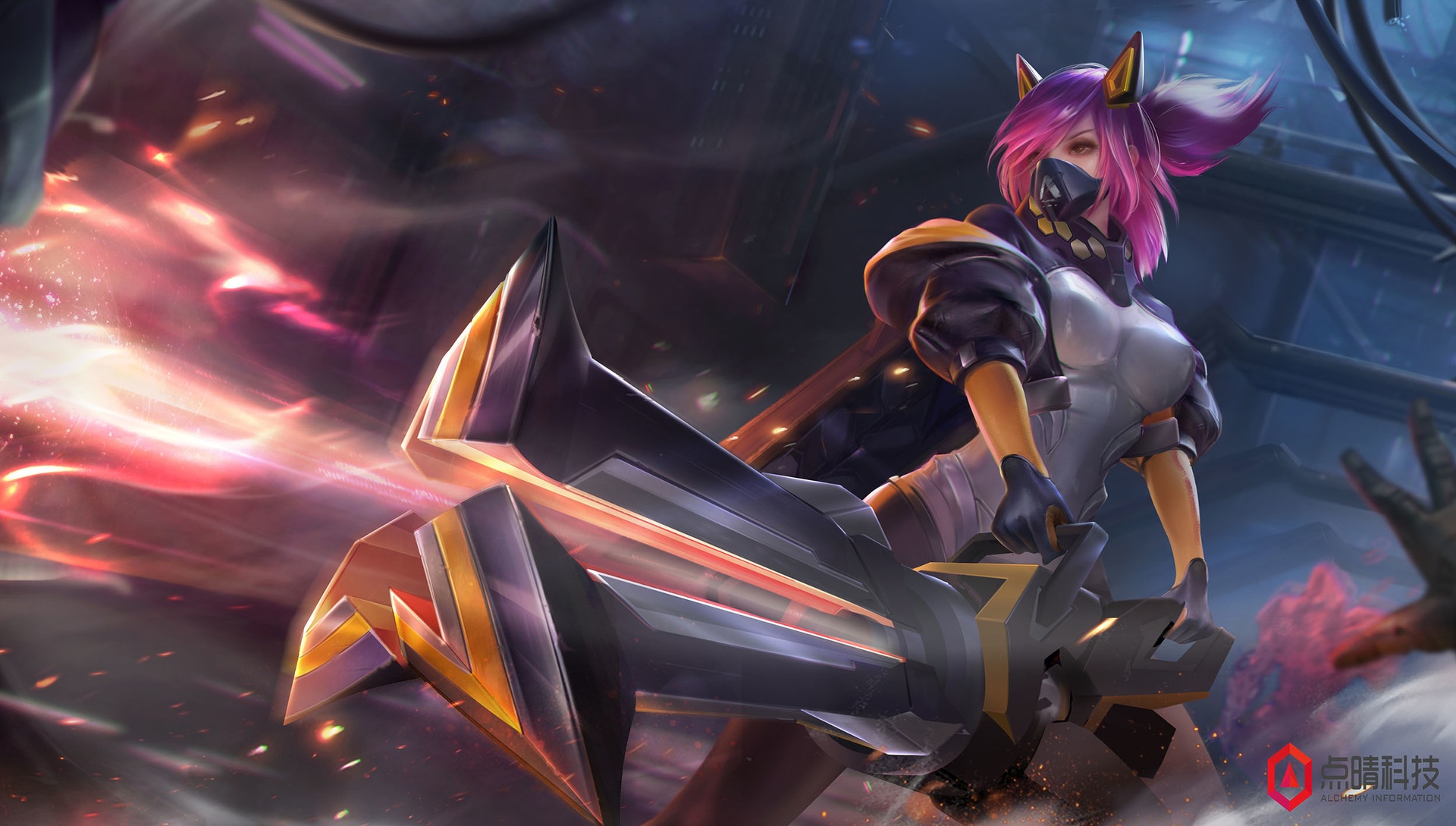 Fantasy girl with purple hair and a large weapon HD Wallpaper