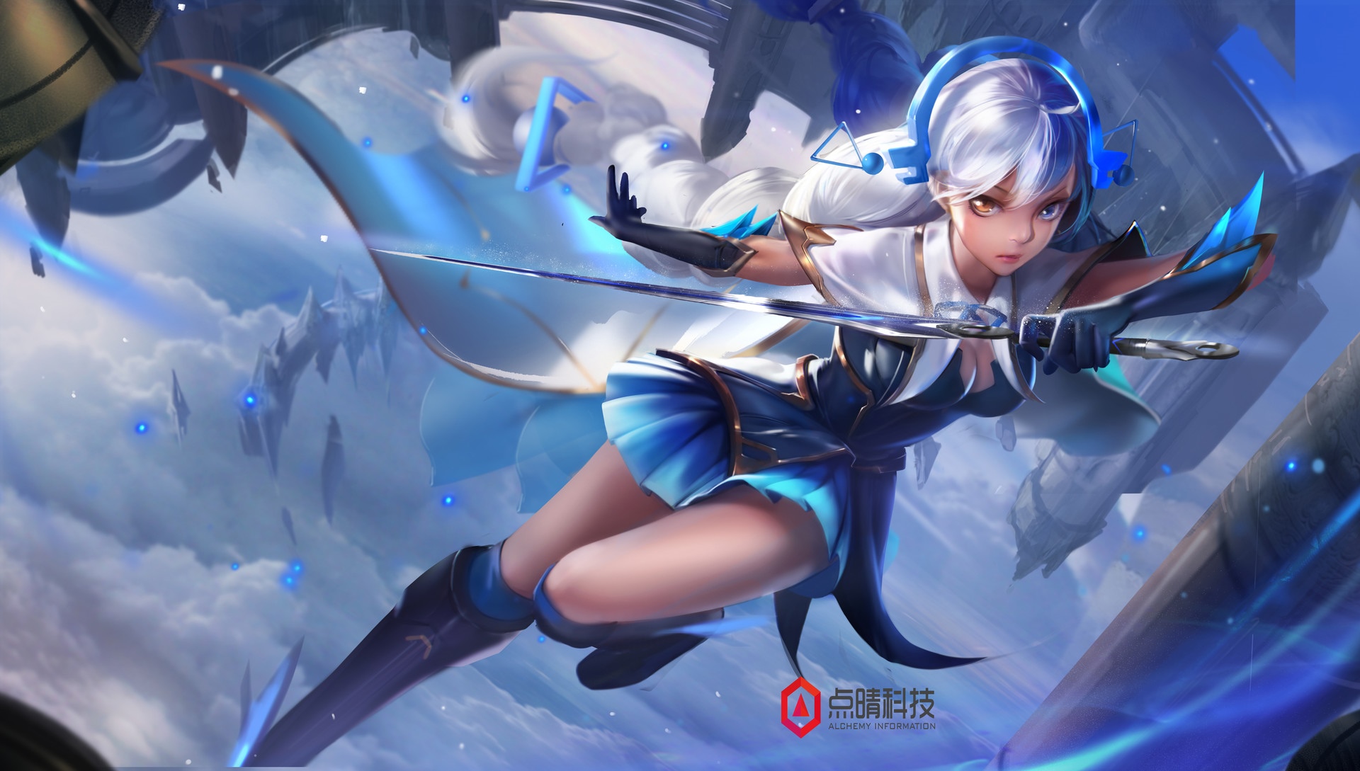 Fantasy girl with headphones and sword in sky HD Wallpaper