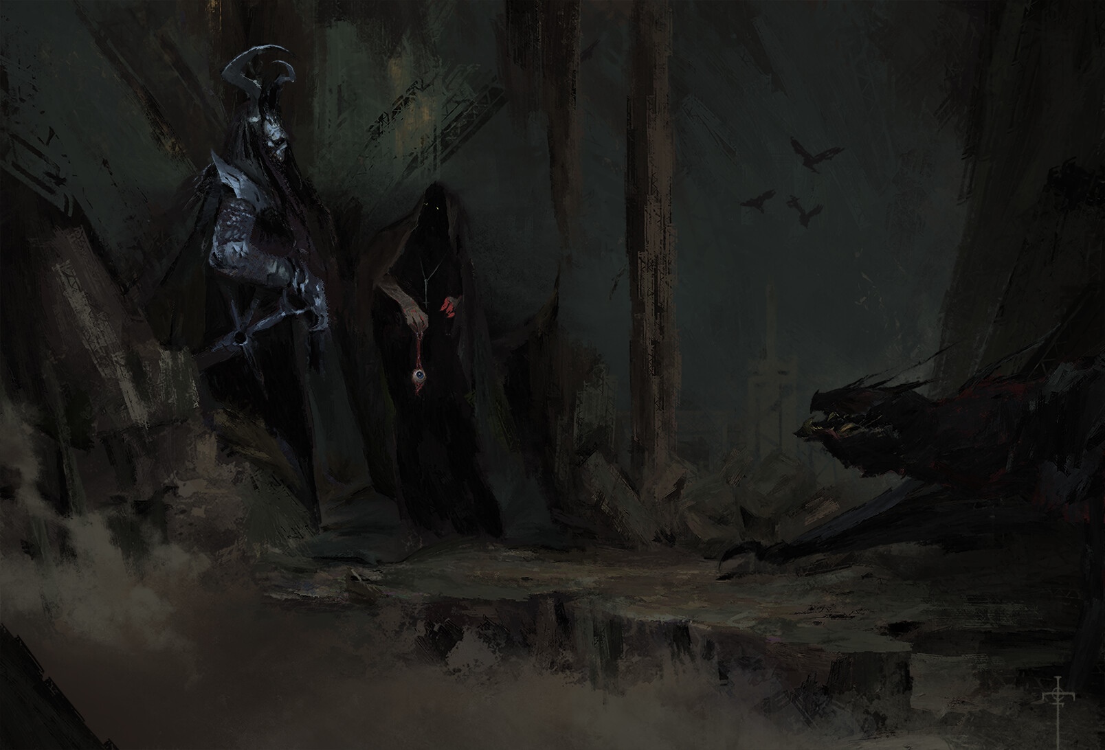Dark fantasy scene with figures and a dragon HD Wallpaper