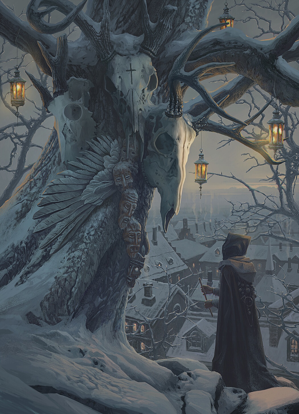 Fantasy winter scene with a hooded figure and a skull-adorned tree HD Phone Wallpaper