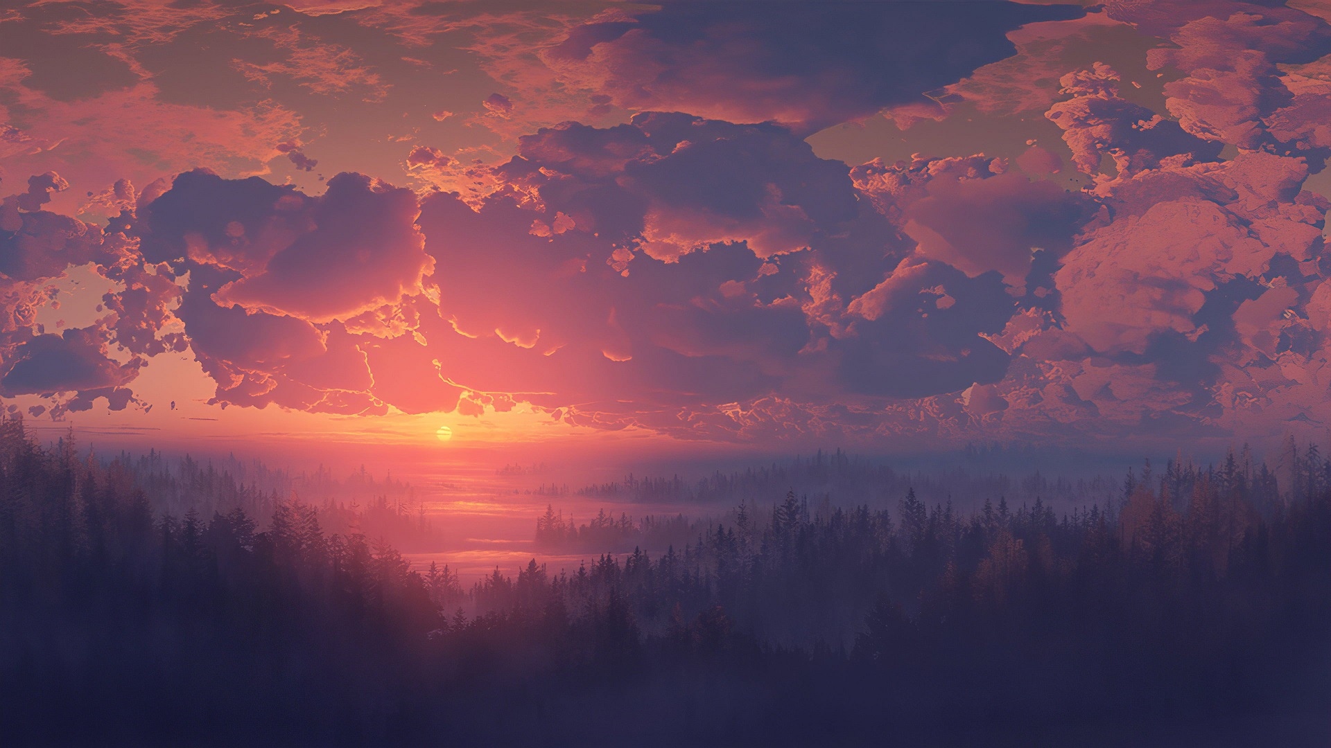 Sunset over a misty forest with dramatic clouds HD Wallpaper