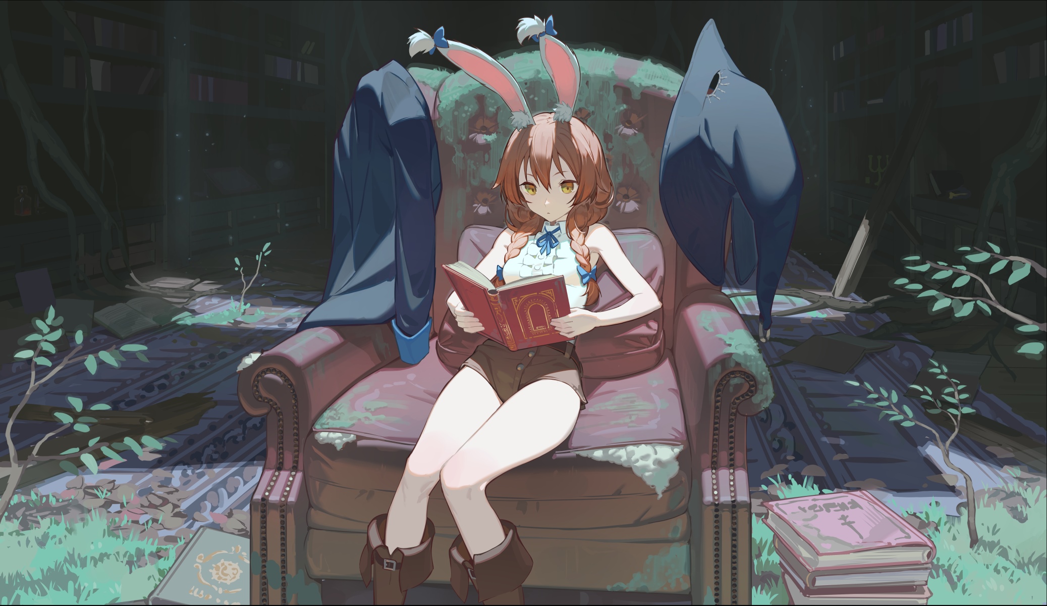Bunny Girl Reading a Book in a Ruined Library HD Wallpaper