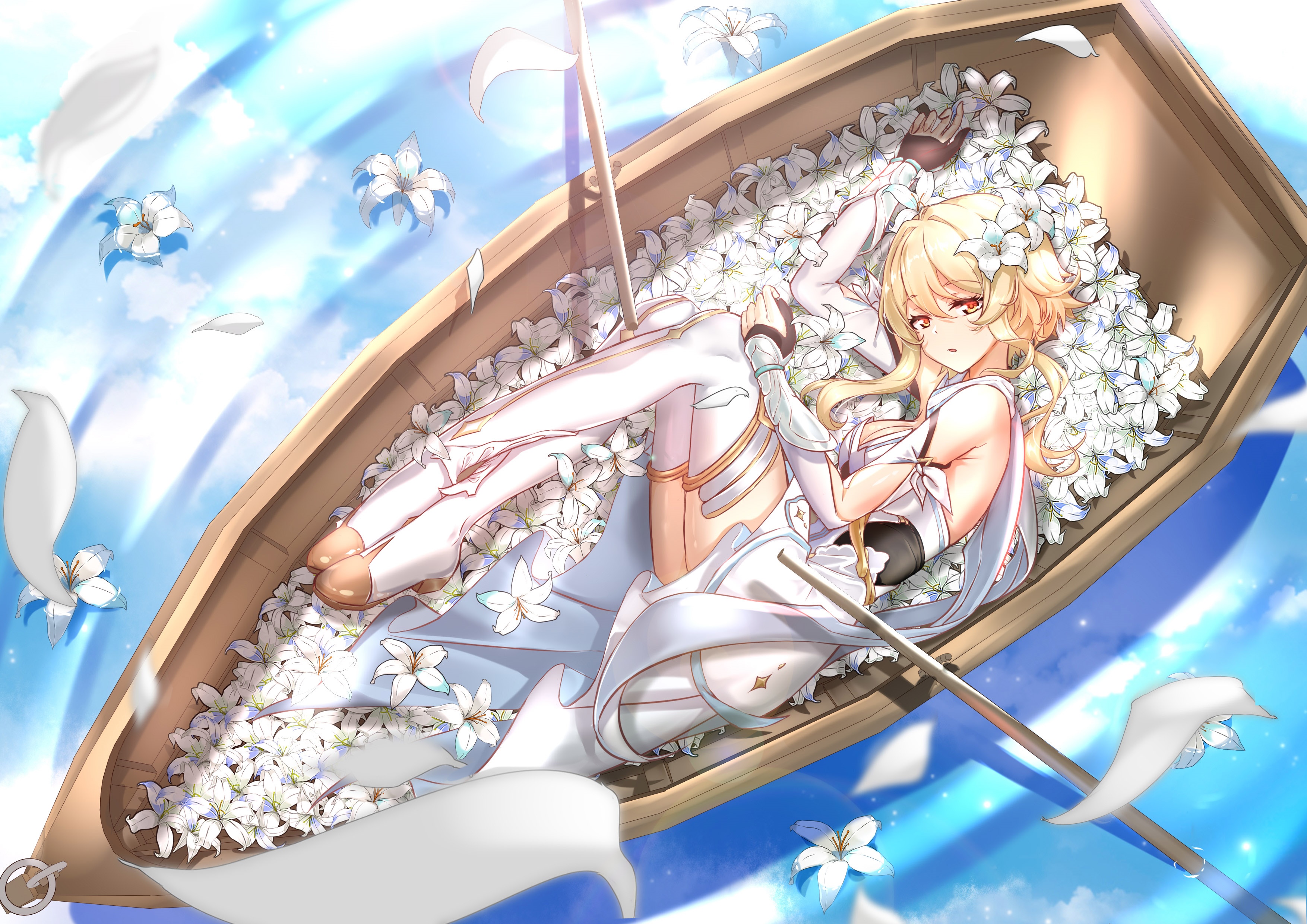 Lumine in a boat filled with white lilies HD Wallpaper