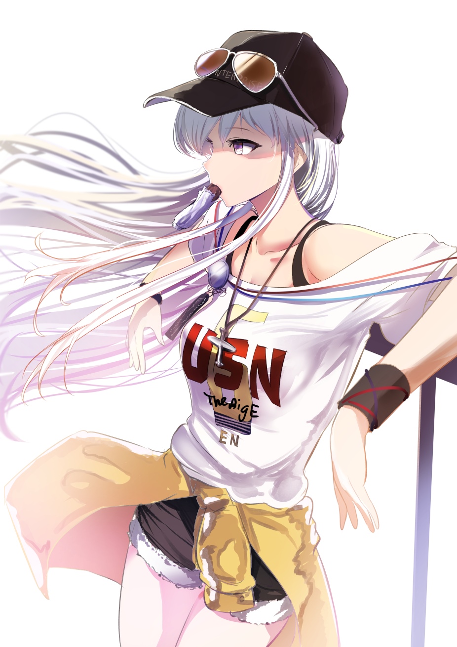 Azur Lane Enterprise wearing a USN T-shirt and baseball cap HD Phone Wallpaper