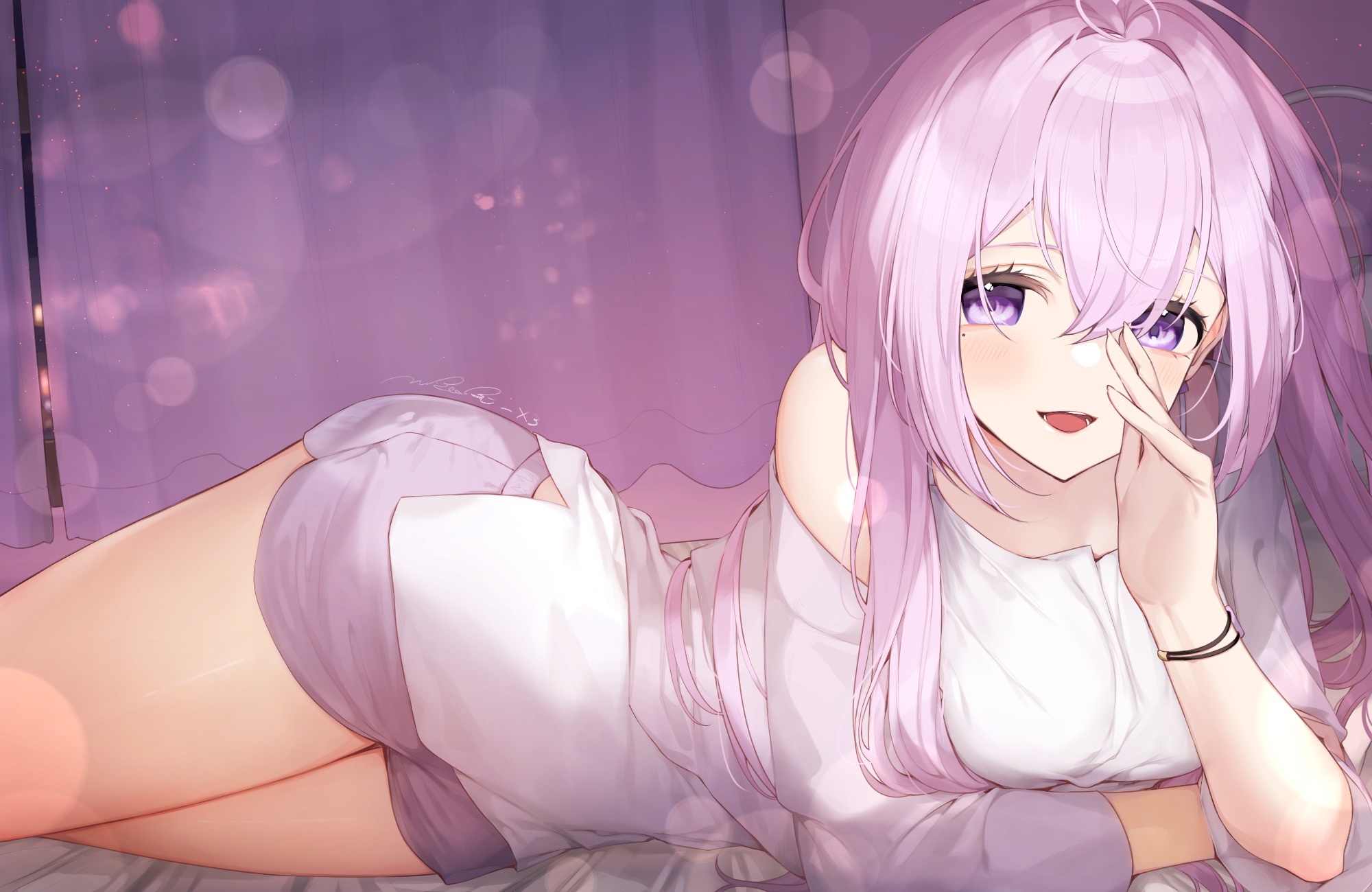 Anime girl with purple hair and eyes lying down HD Wallpaper