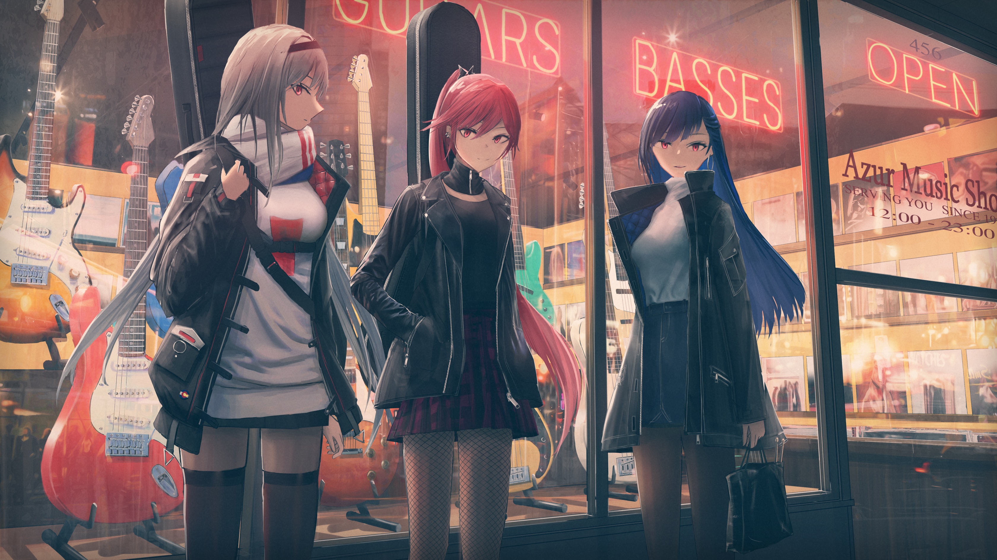 Azur Lane characters outside a music shop HD Wallpaper