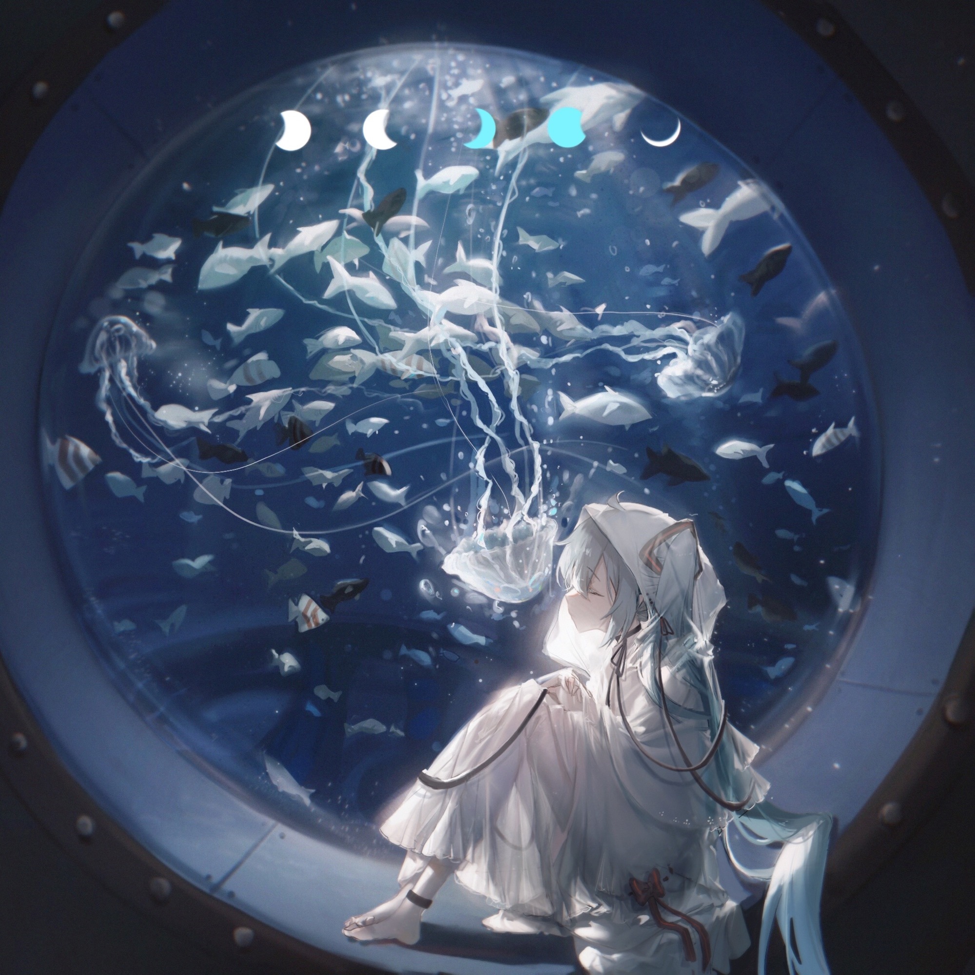 Hatsune Miku in an aquarium with fish and jellyfish HD Wallpaper