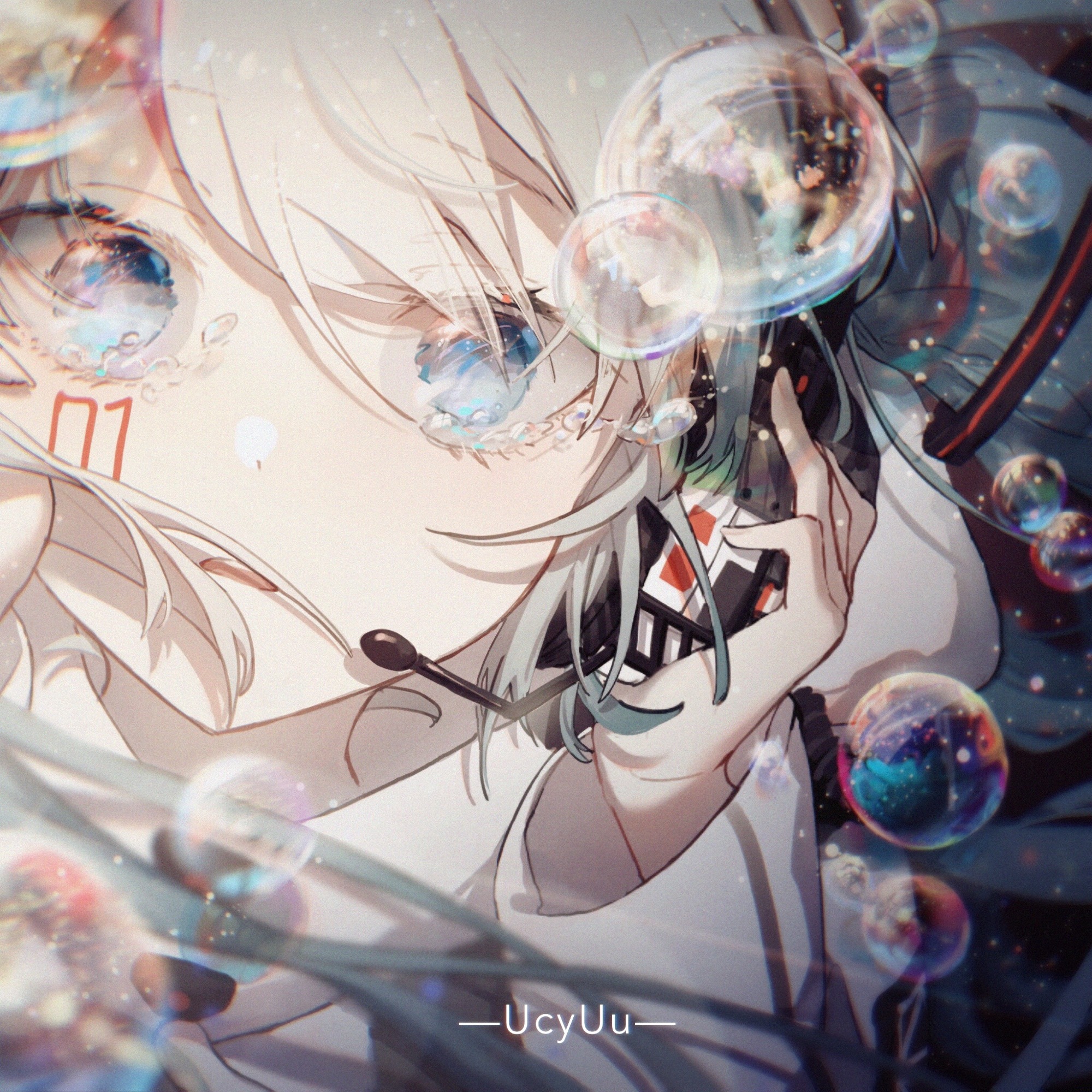 Hatsune Miku with bubbles and headphones HD Wallpaper