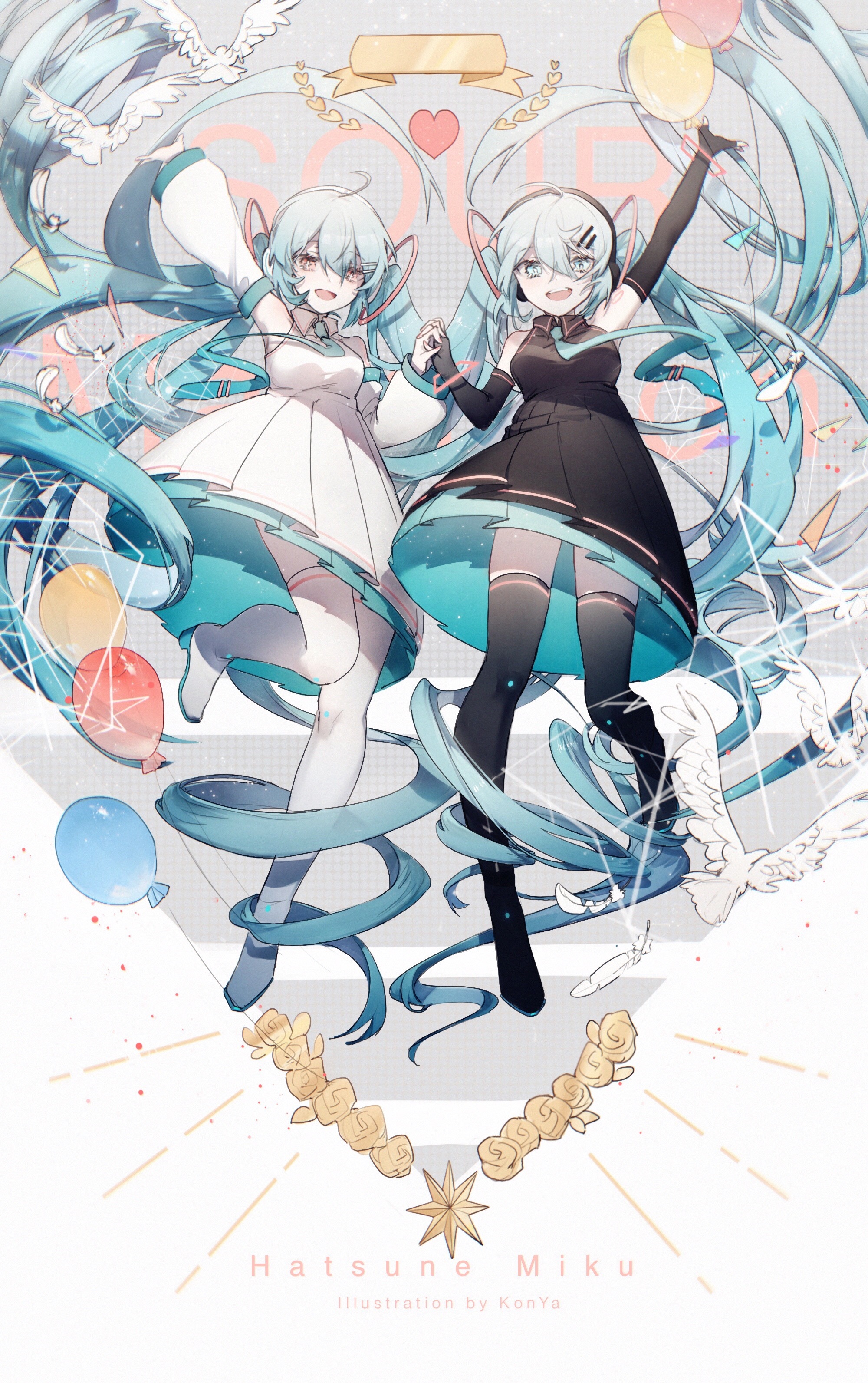 Hatsune Miku and friend holding hands with balloons HD Phone Wallpaper