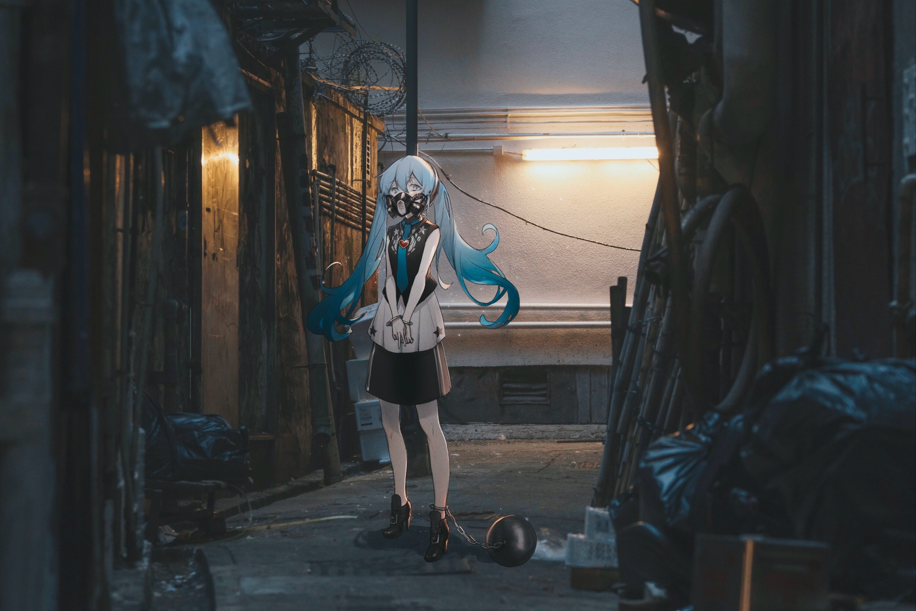 Hatsune Miku in a dark alley with a ball and chain HD Wallpaper