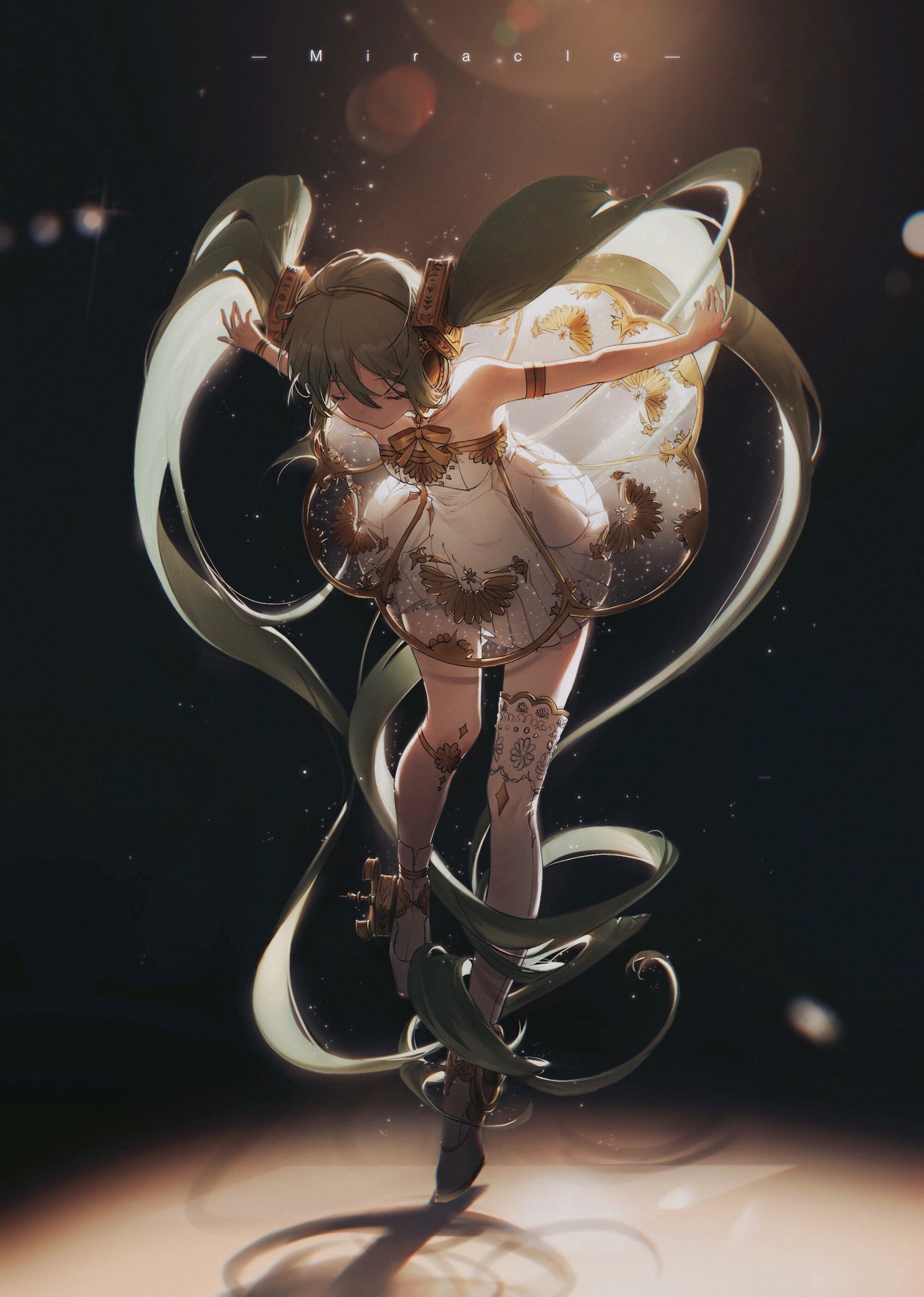 Hatsune Miku dancing in a white and gold dress HD Phone Wallpaper