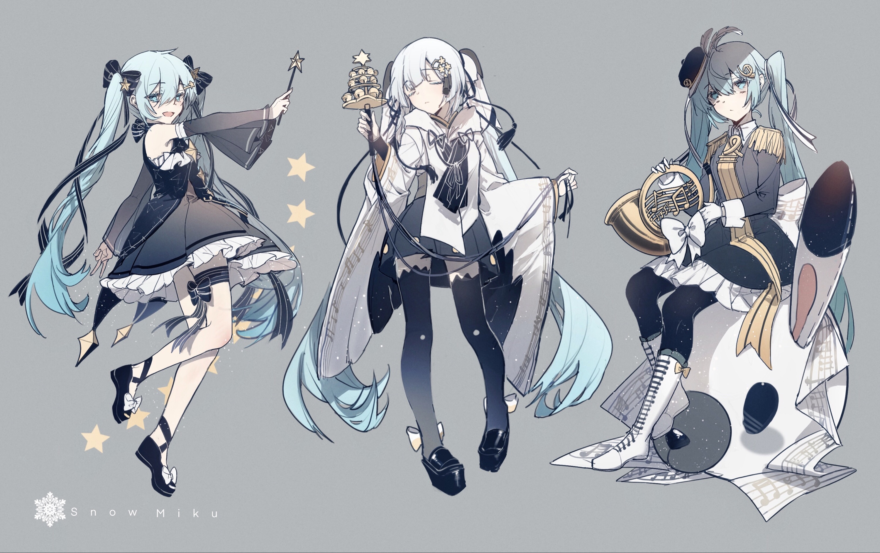 Snow Miku and friends with musical instruments HD Wallpaper