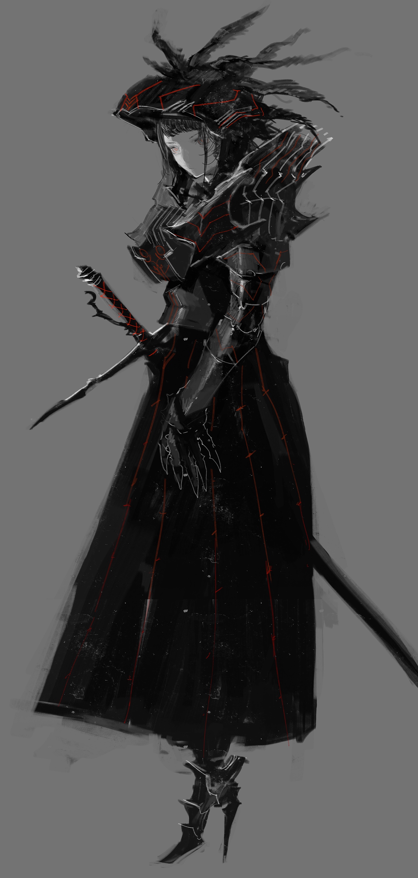 Anime character in dark armor with sword HD Phone Wallpaper
