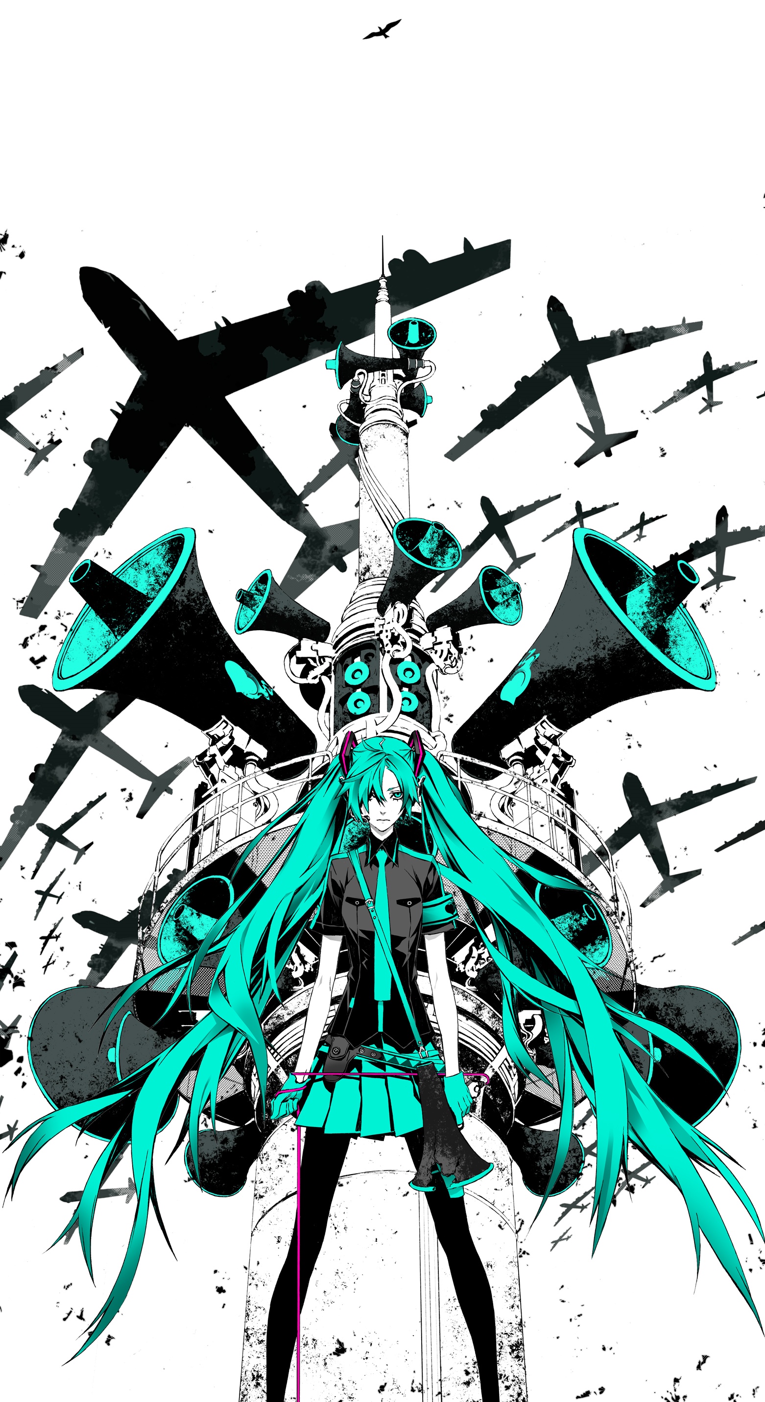 Hatsune Miku with Airplanes and Megaphones HD Phone Wallpaper