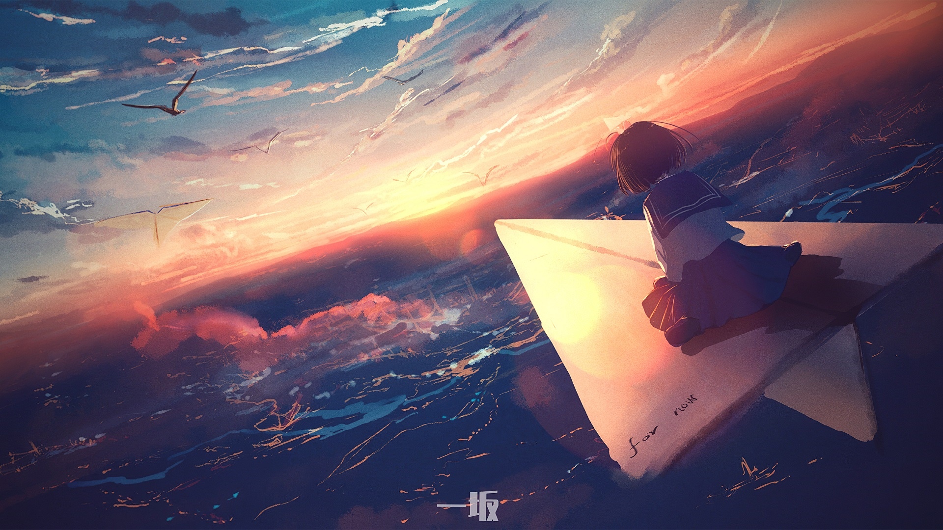 Girl on paper plane watching sunset with birds HD Wallpaper