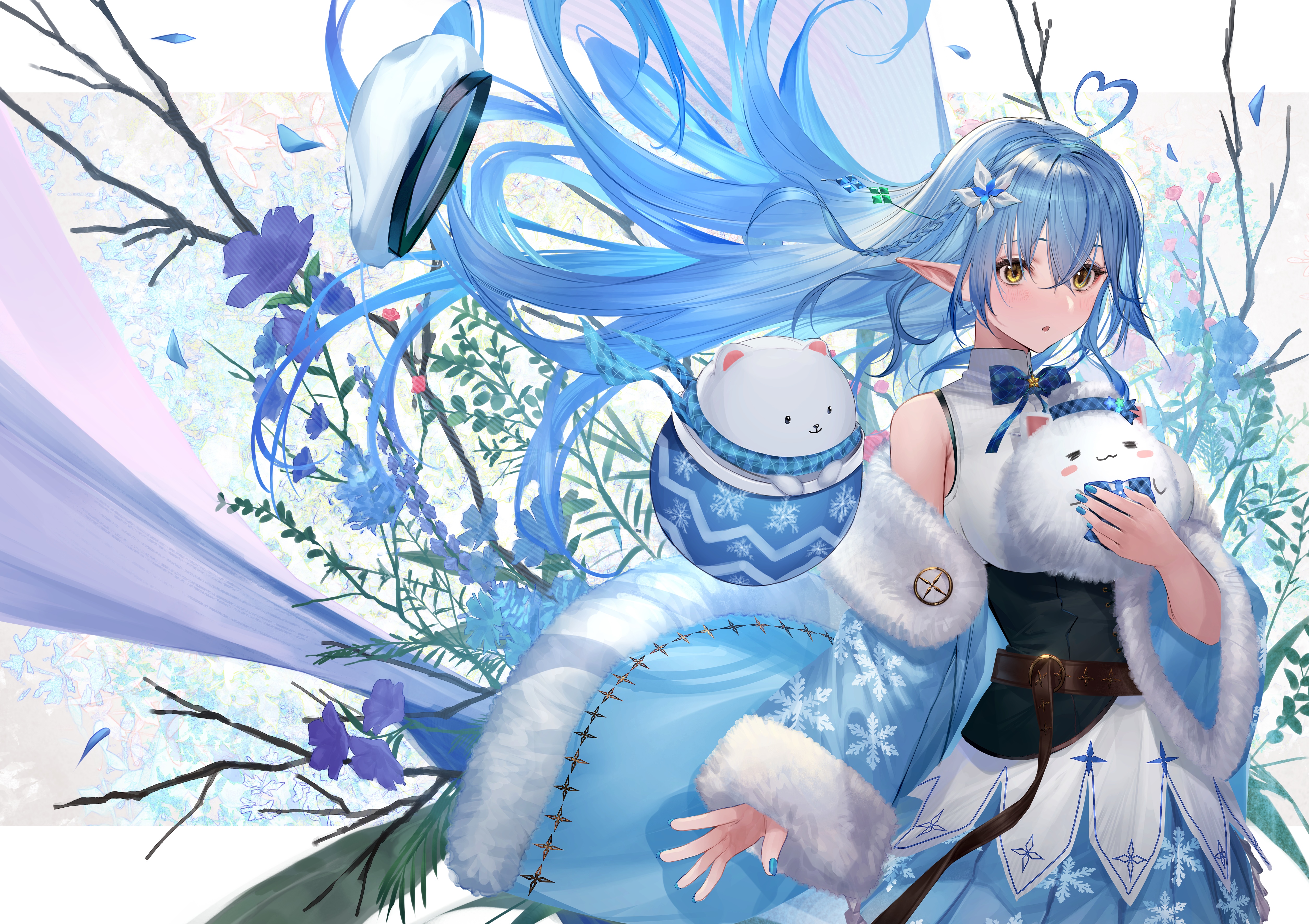 Yukihana Lamy with plushies and blue flowers HD Wallpaper
