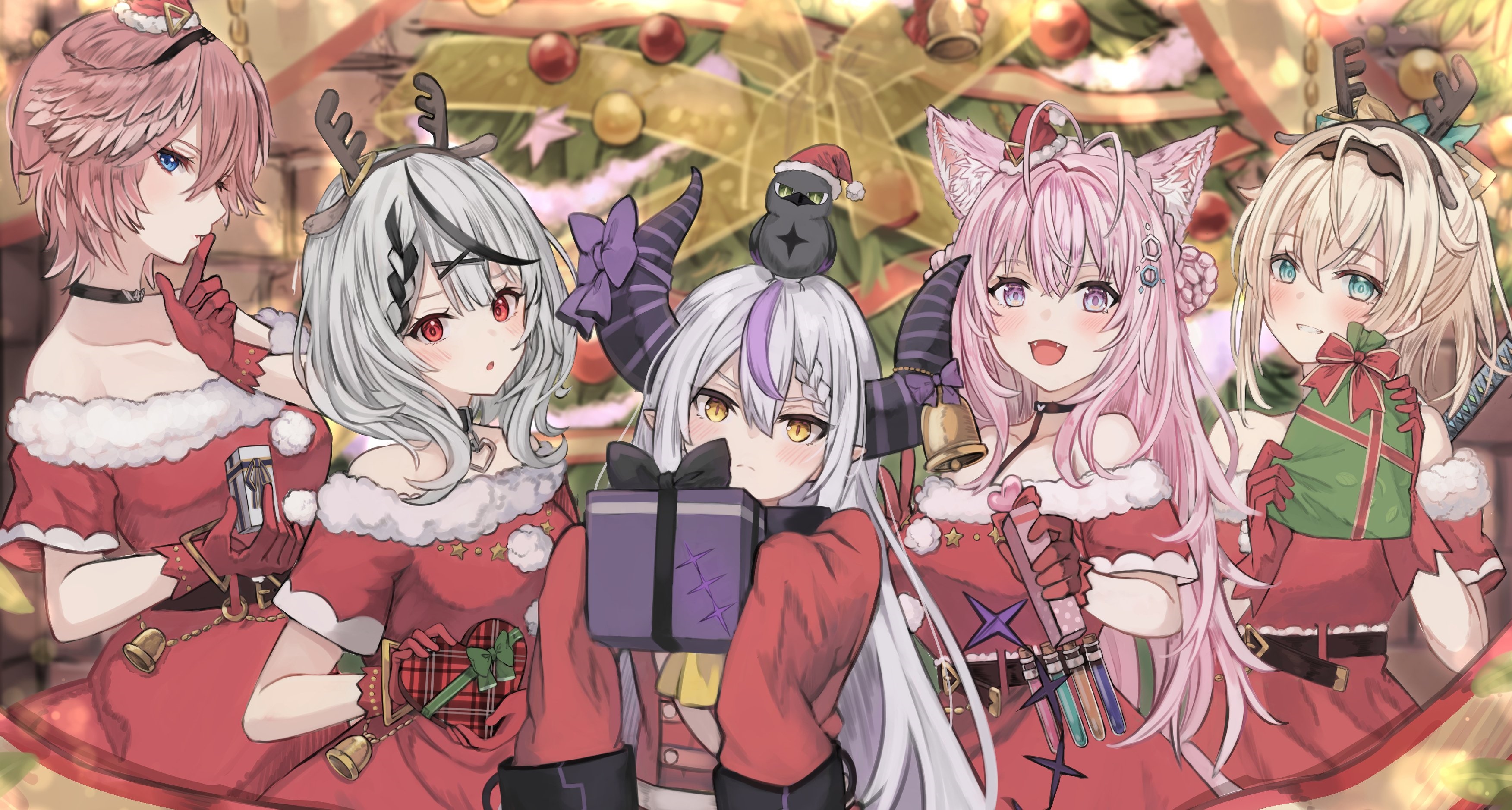 Hololive Christmas with Laplus Darknesss, Hakui Koyori, Takane Lui, Sakamata Chloe, and Kazama Iroha HD Wallpaper