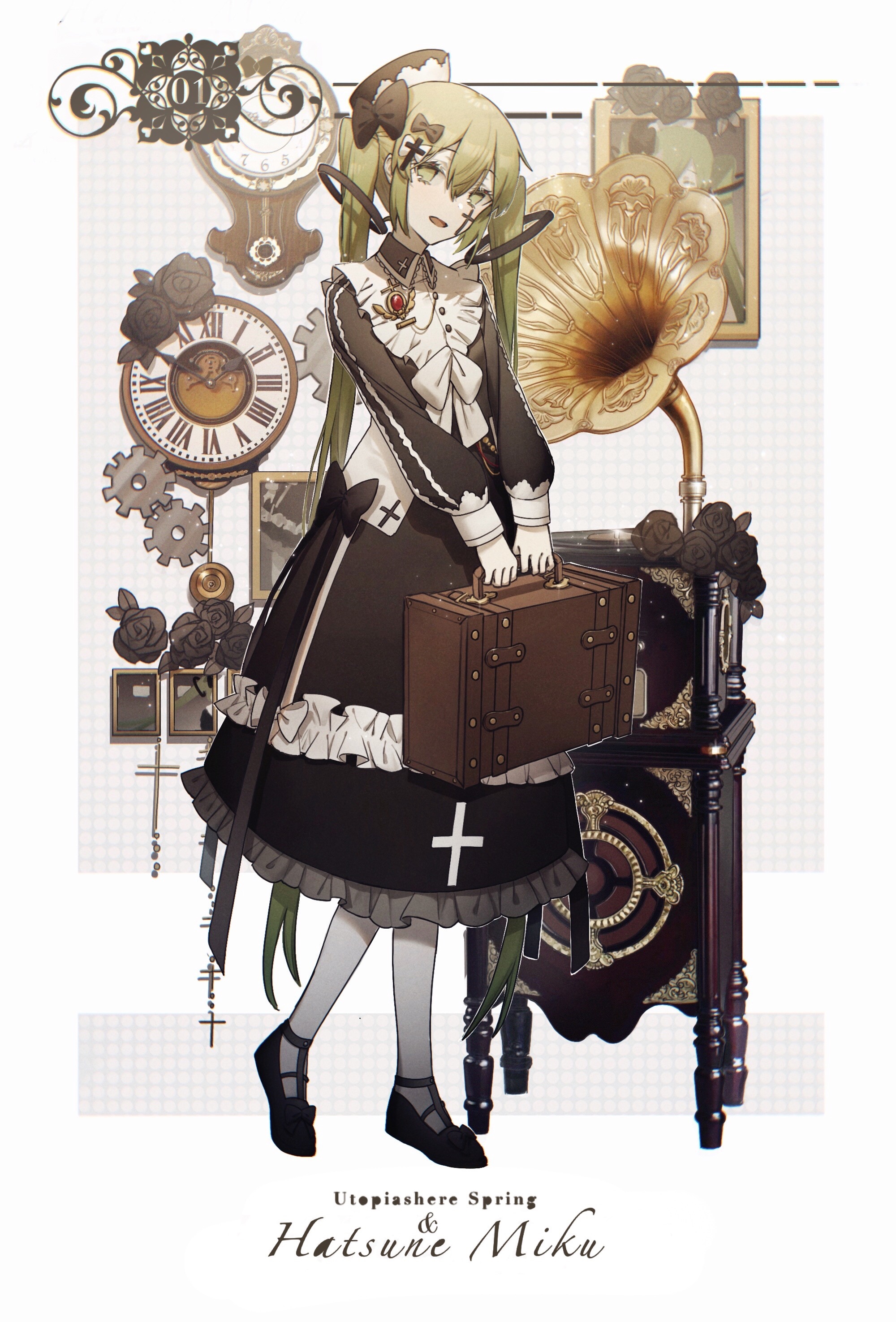 Hatsune Miku with a vintage gramophone and suitcase HD Phone Wallpaper