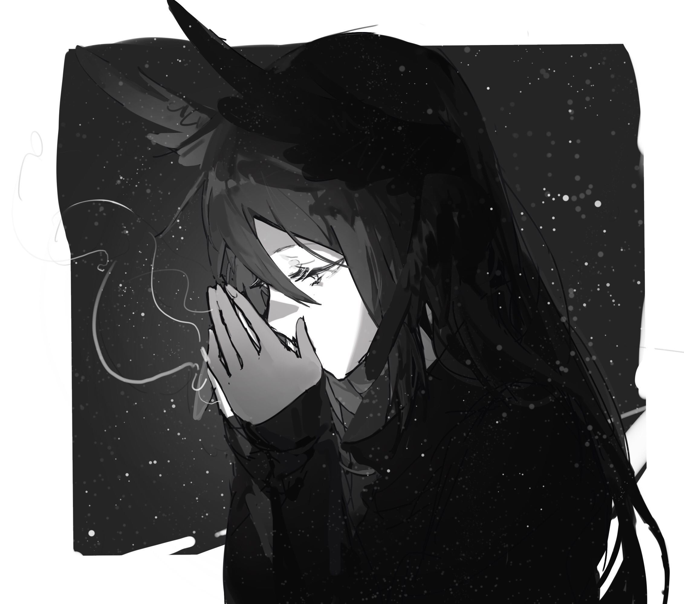 Anime girl with horns crying in the dark HD Wallpaper