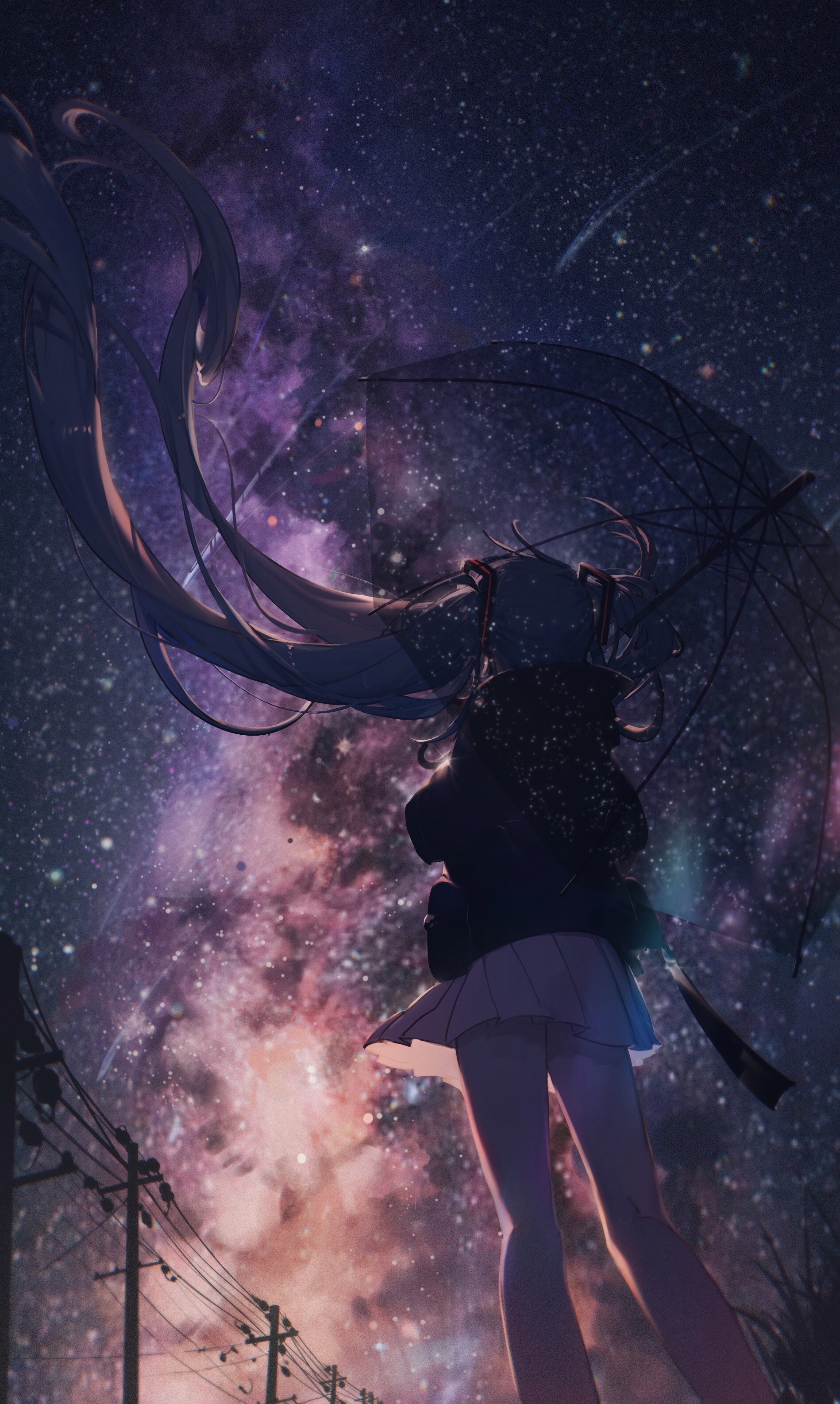 Hatsune Miku under a starry sky with an umbrella HD Phone Wallpaper