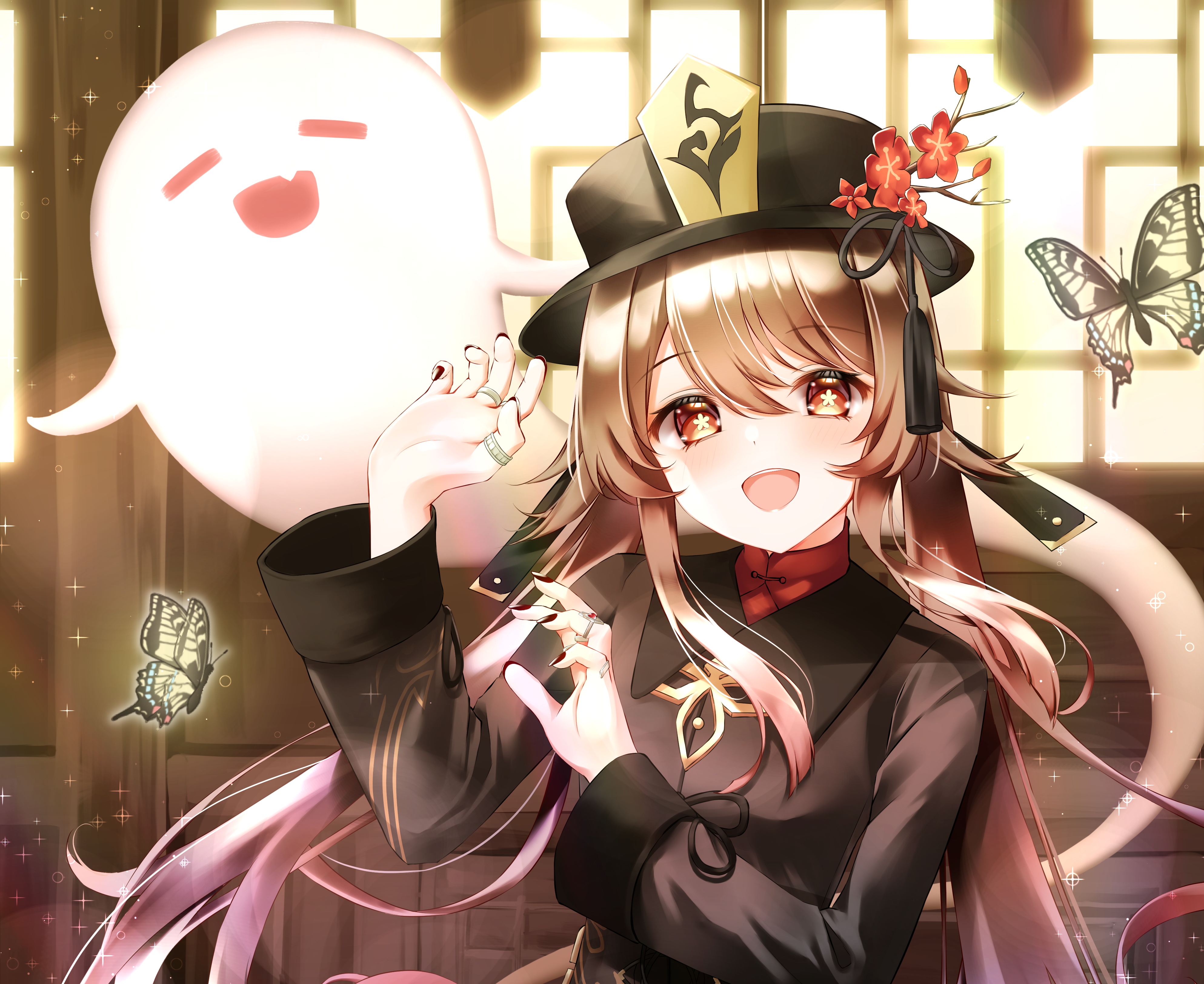 Hu Tao 4K with a ghost and butterflies HD Wallpaper
