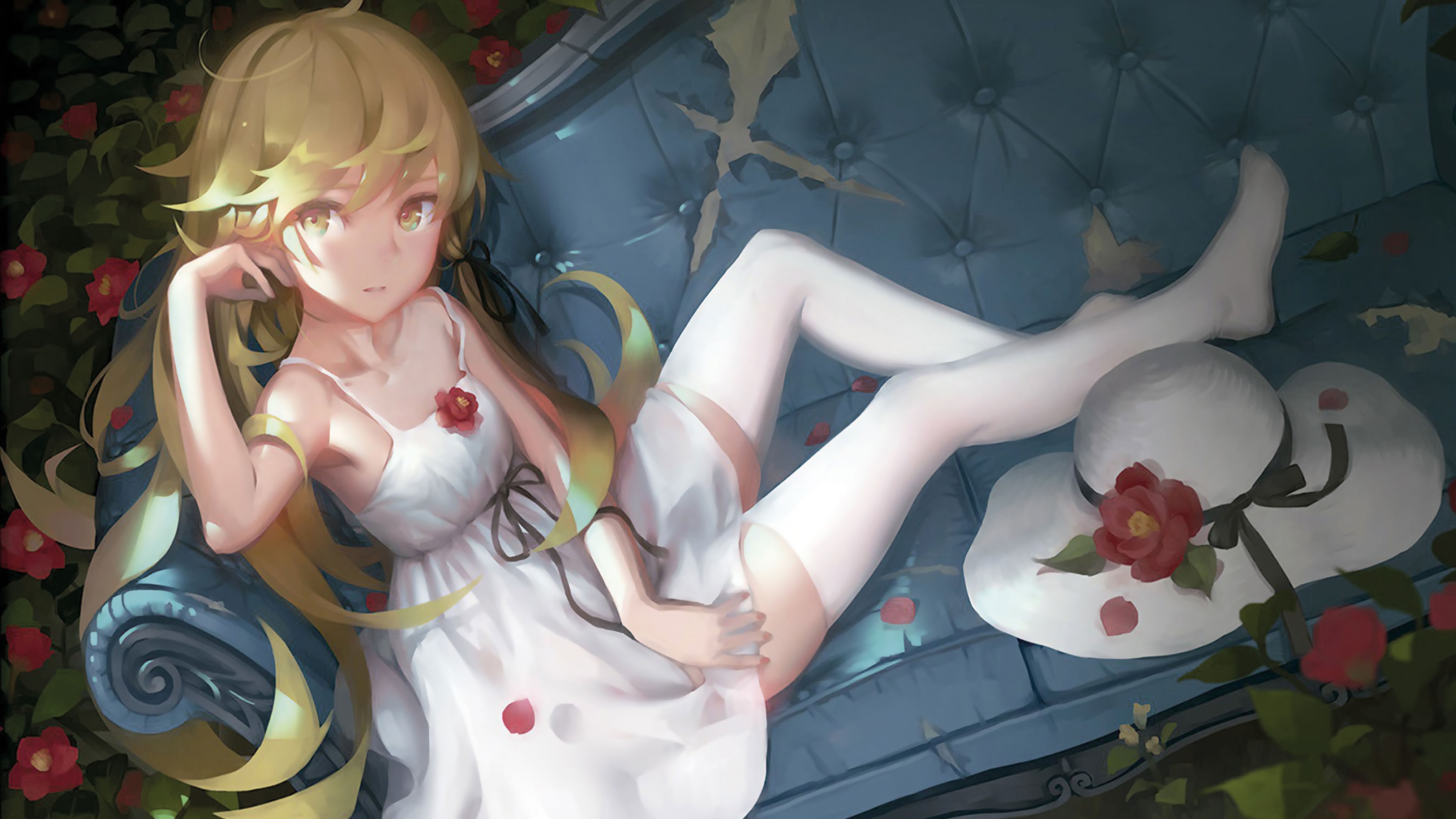 Oshino Shinobu in a white dress on a couch HD Wallpaper