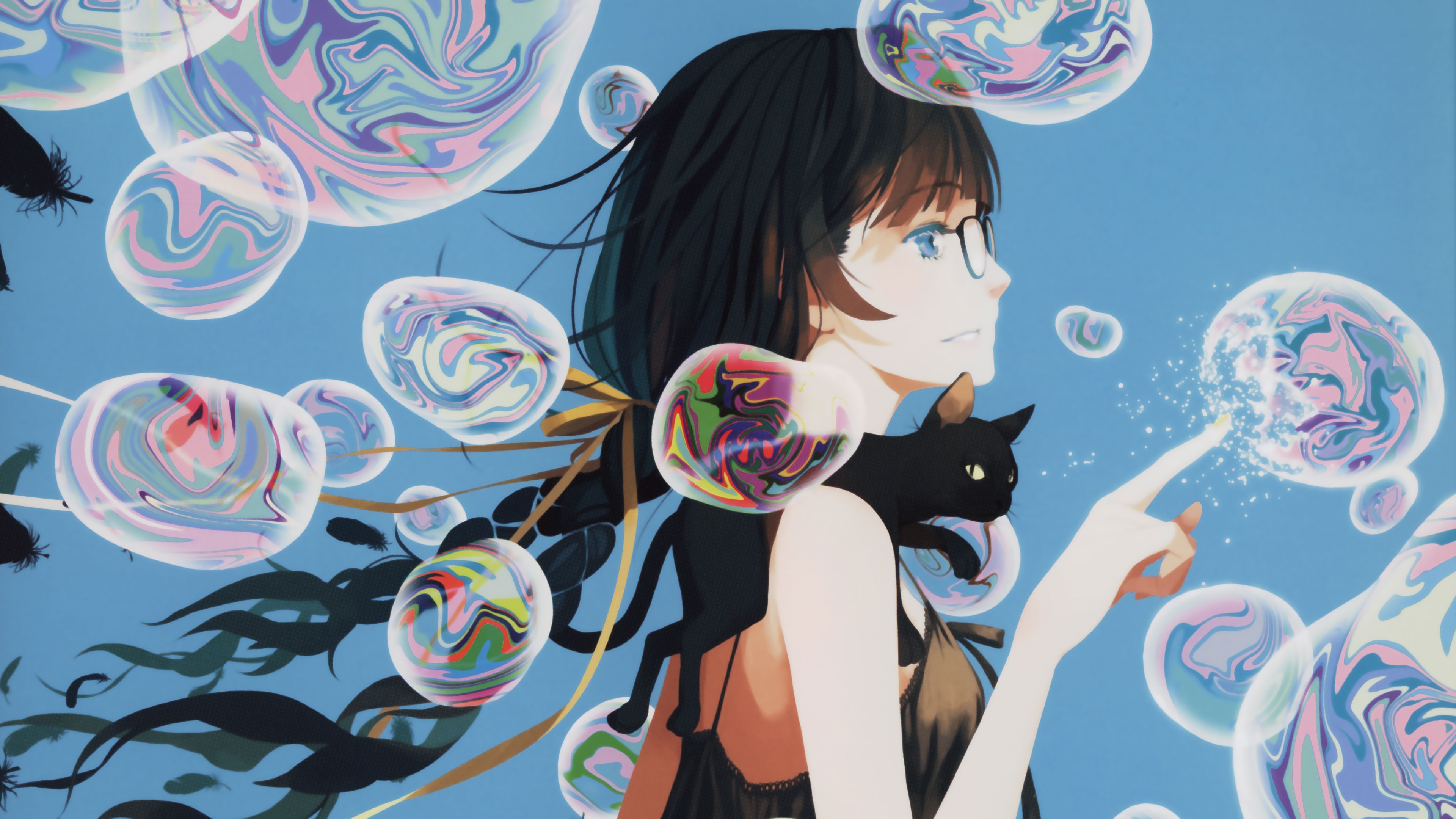 4K Hanekawa Tsubasa with cat and bubbles HD Wallpaper