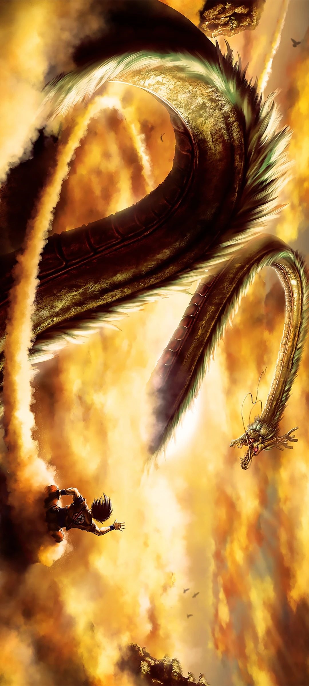 Shenron and Goku in an orange sky HD Phone Wallpaper
