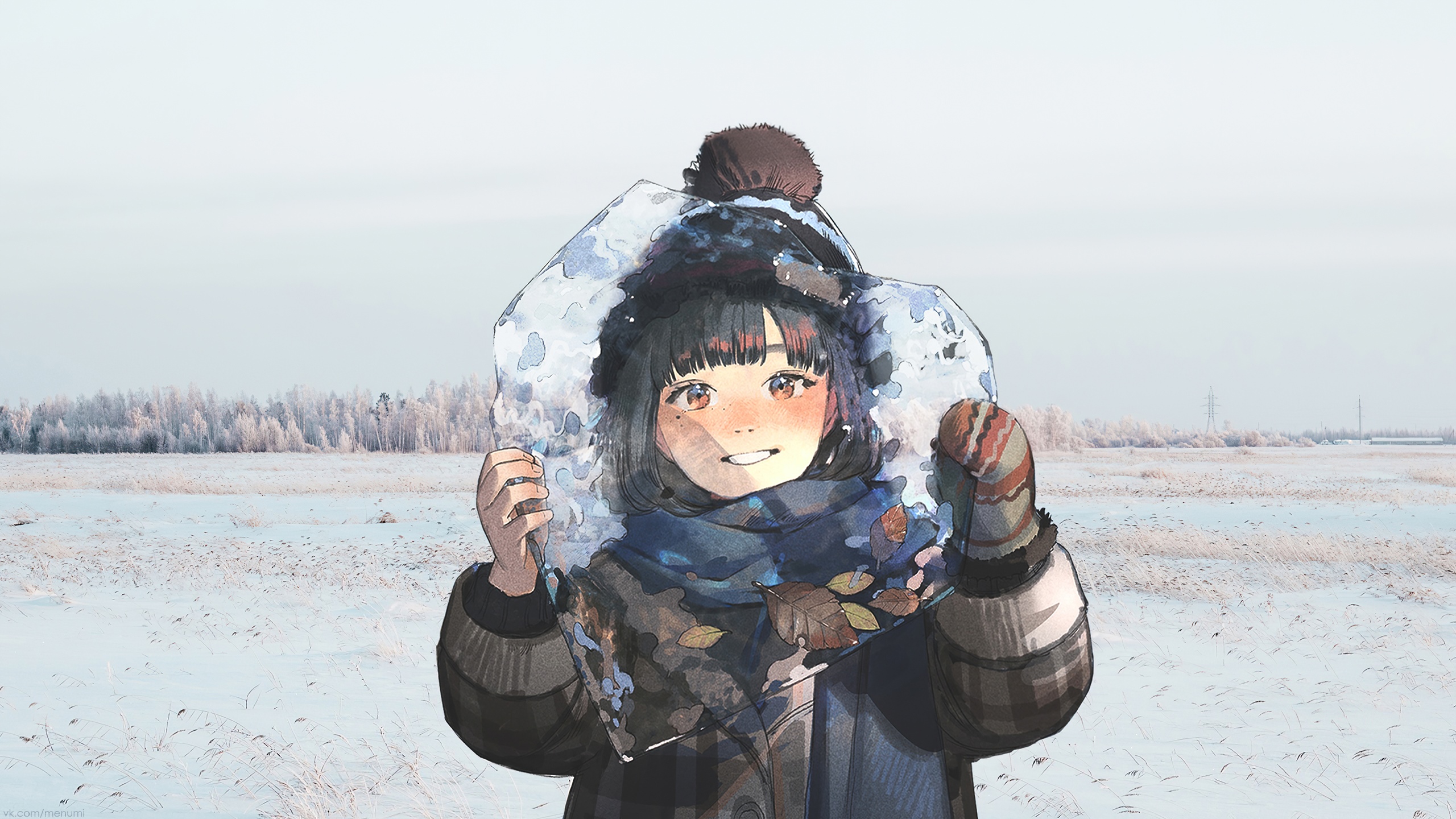 Girl holding ice in a snowy field HD Wallpaper