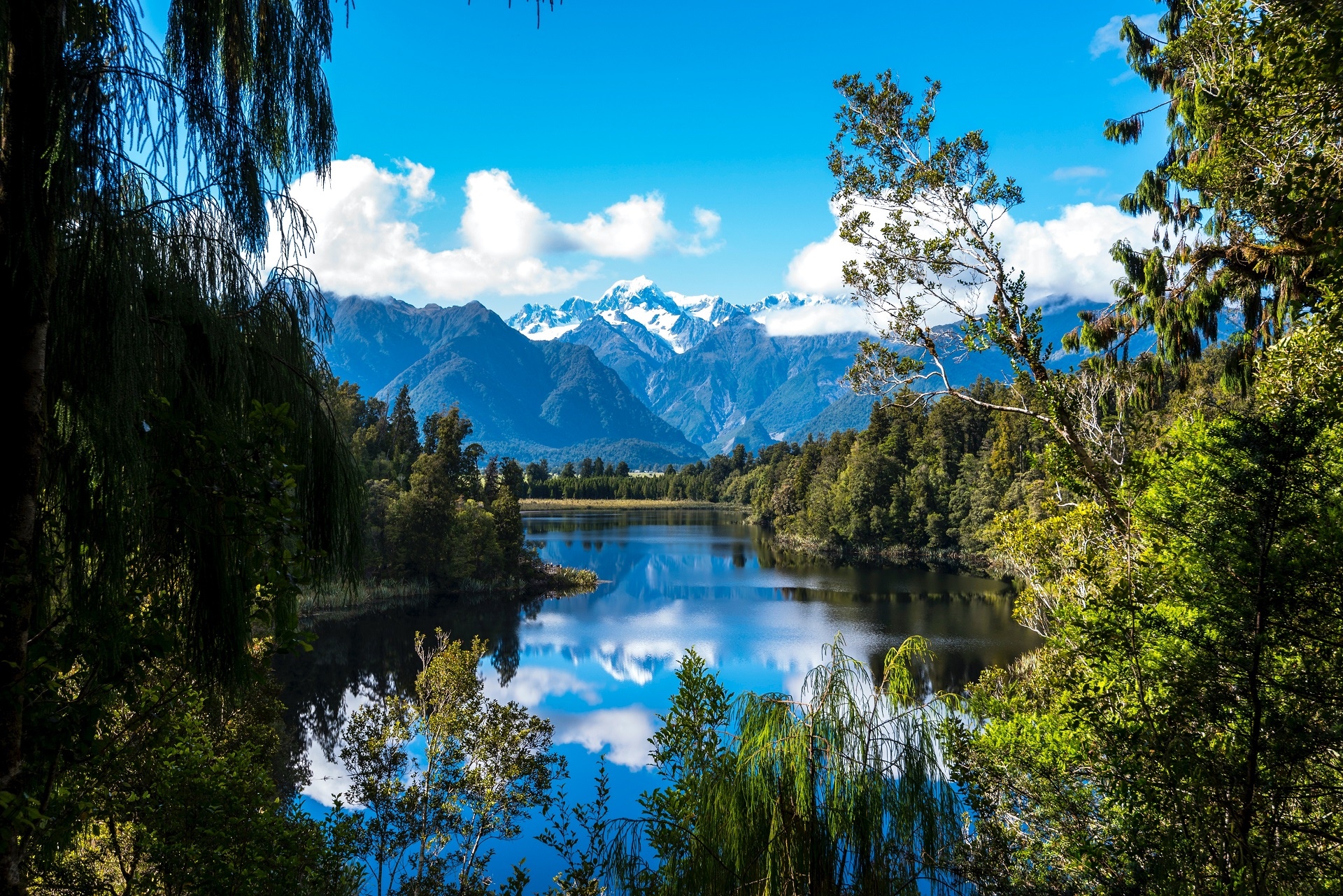 Lake reflection of snow-capped mountains and trees HD Wallpaper