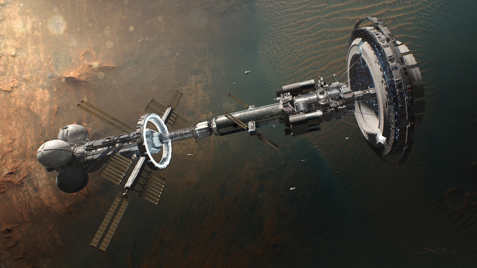 Artwork of a space station orbiting a planet HD Wallpaper