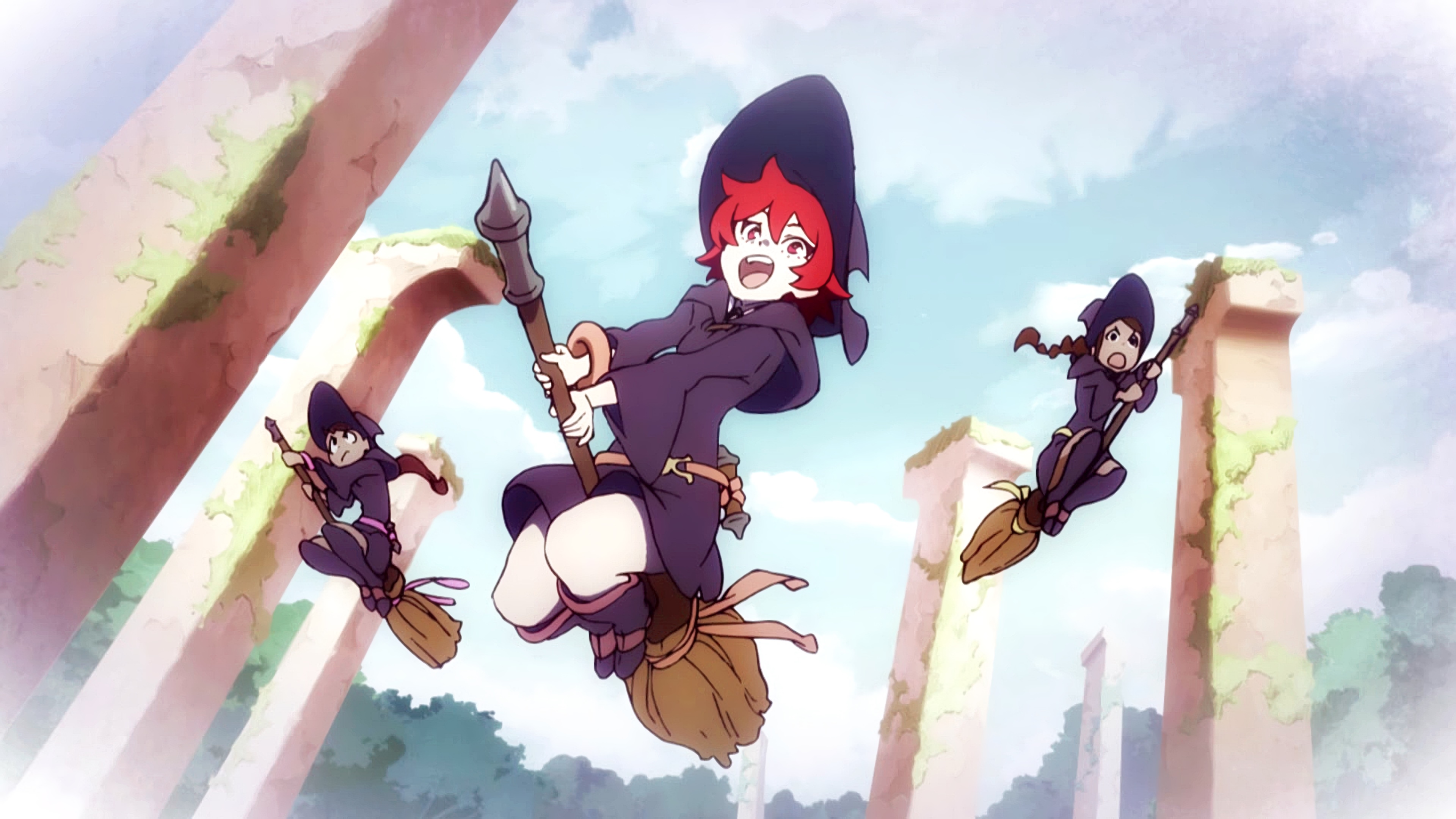 Little Witch Academia: Three Witches Flying on Brooms HD Wallpaper