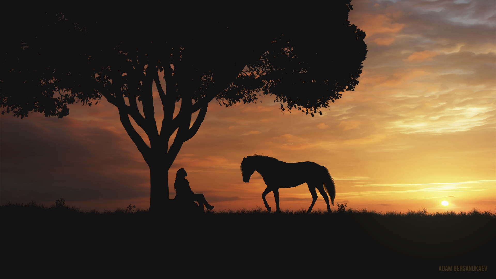 Silhouette of a person and horse under a tree at sunset HD Wallpaper