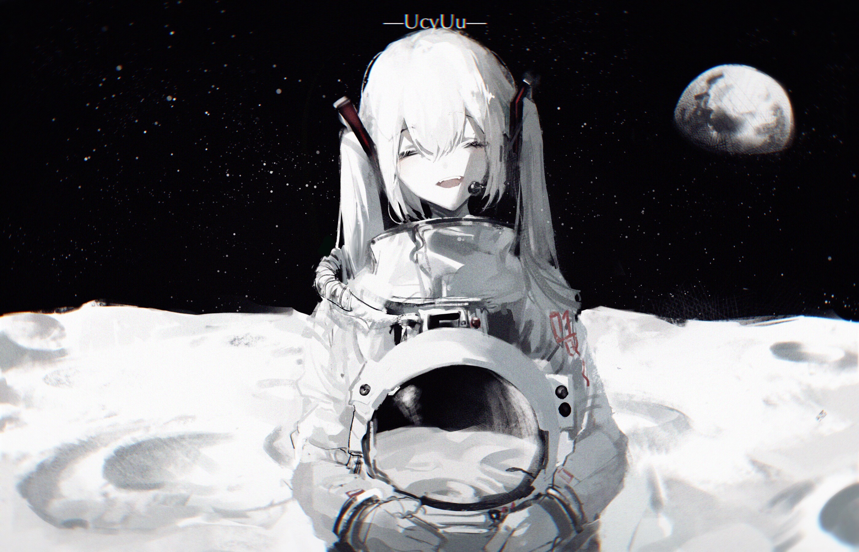 Astronaut girl on the moon with Earth in the background HD Wallpaper