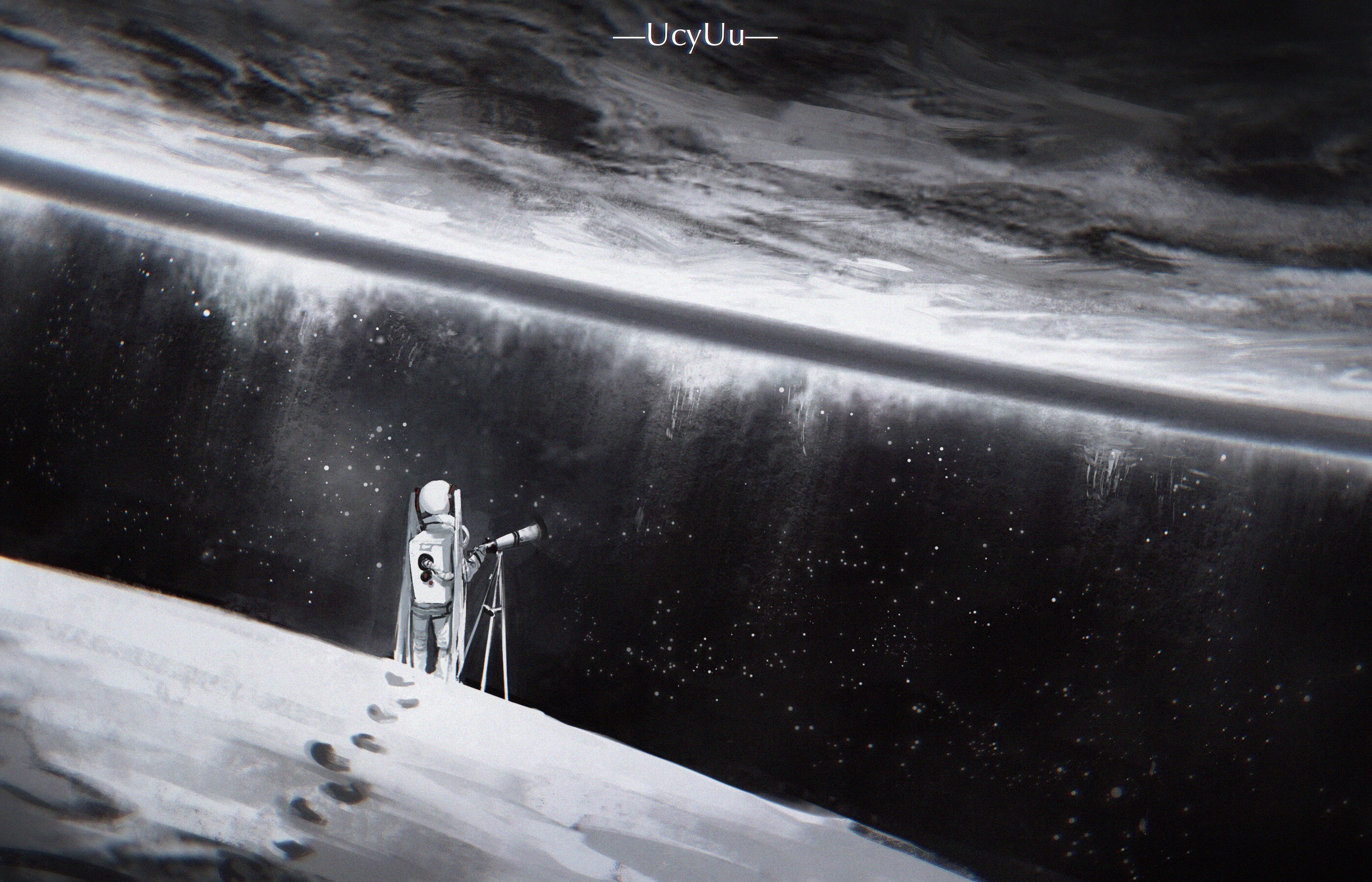 Astronaut with telescope looking at a planet HD Wallpaper