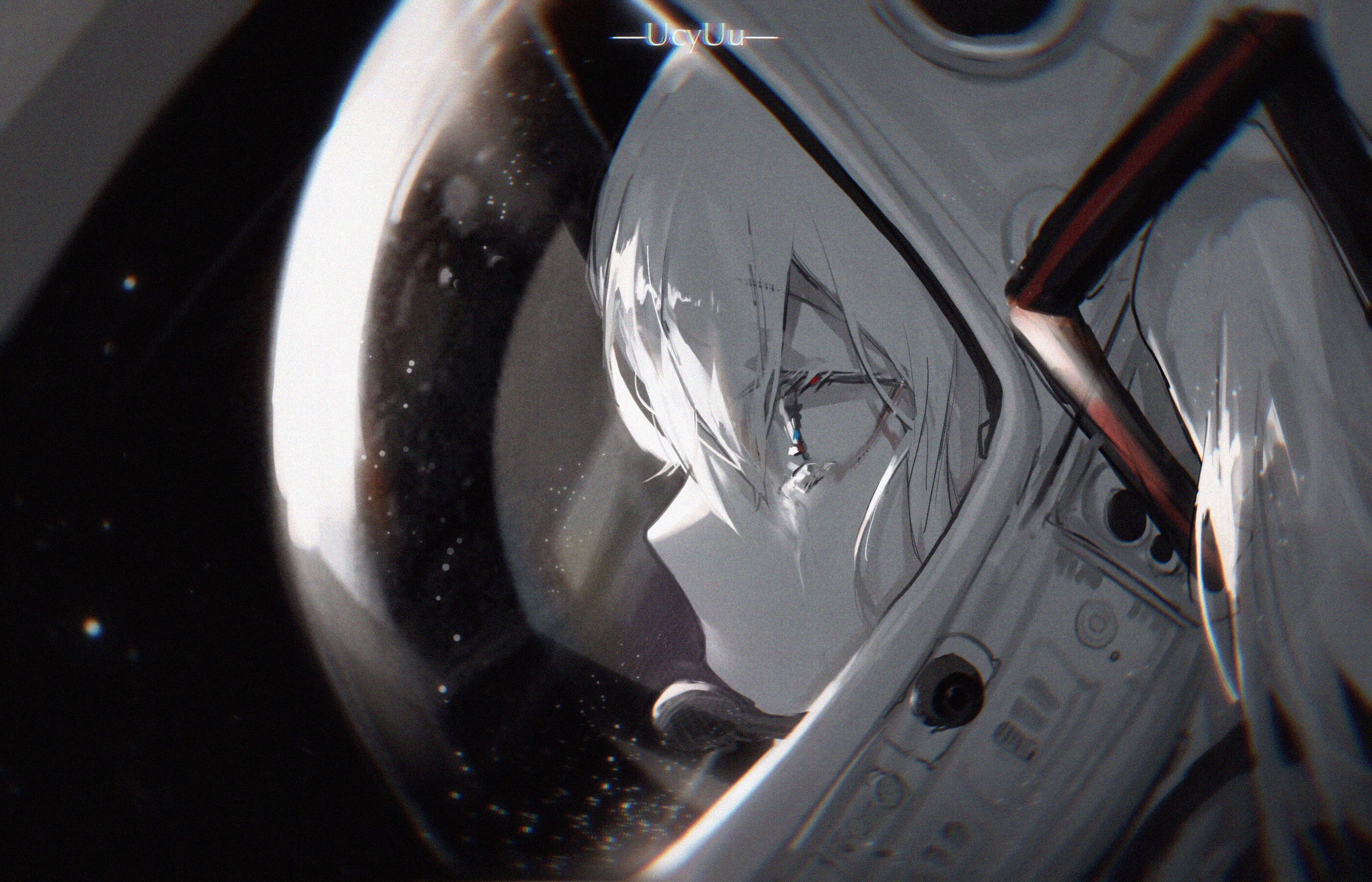 Hatsune Miku in a spacesuit looking out a window HD Wallpaper