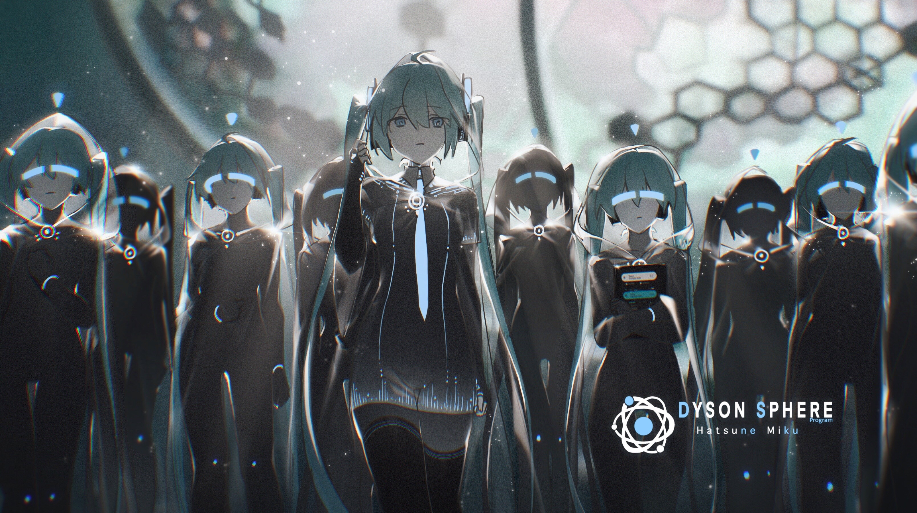Hatsune Miku and clones in futuristic outfits HD Wallpaper
