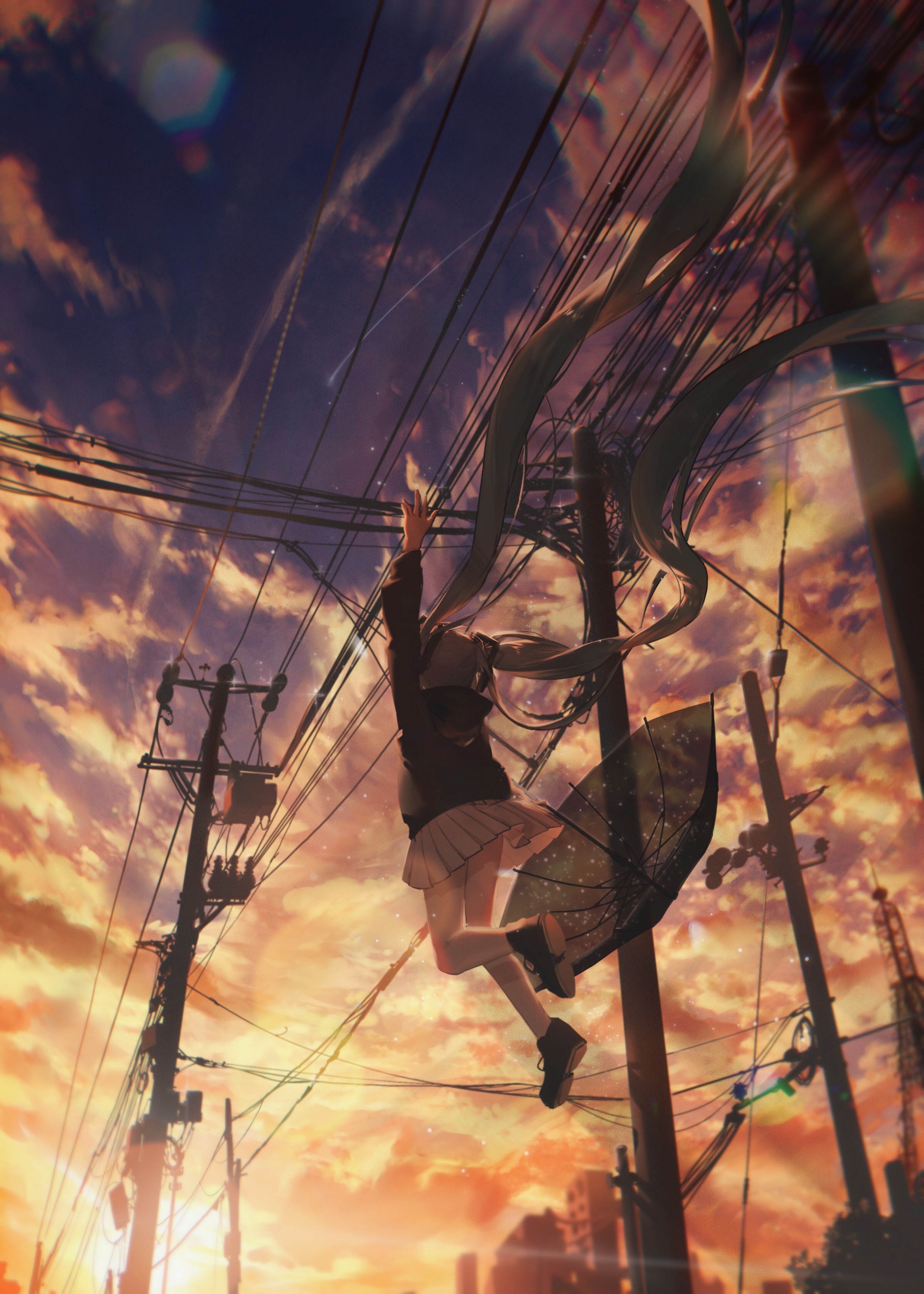 Hatsune Miku jumping near power lines at sunset HD Phone Wallpaper